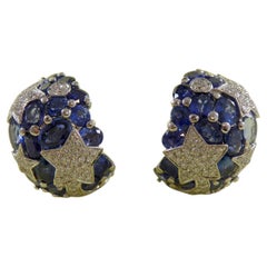 17.0 Carat Blue Sapphire and 1.50 Carat Diamond Statement Earrings, White Gold