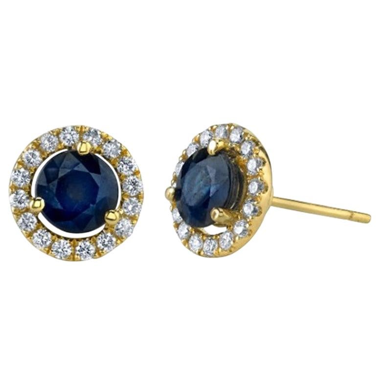  Blue Sapphire and Diamond Halo Round Stud Earrings in 18K Yellow Gold For Sale
