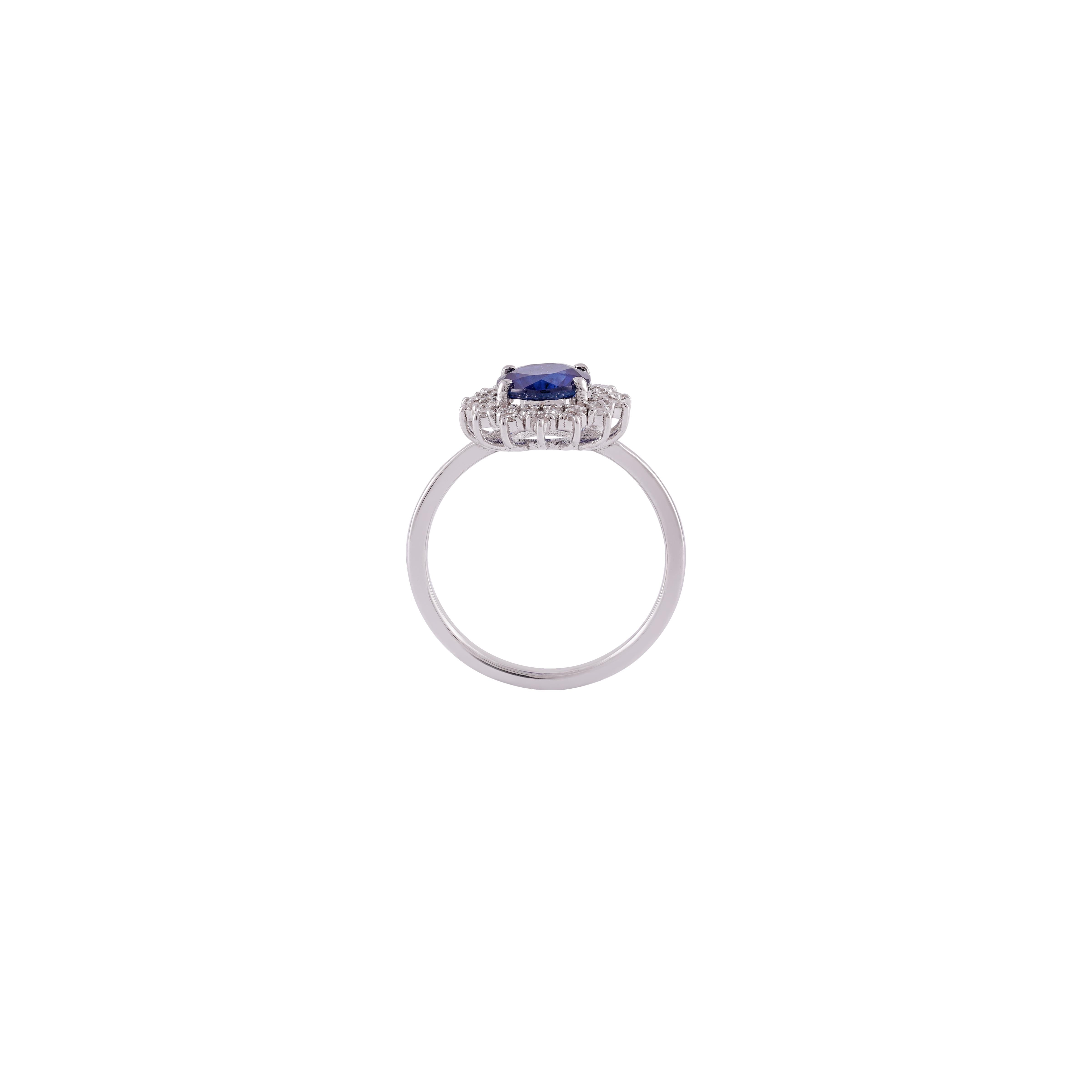Contemporary 1.70 Carat Blue Sapphire and Diamond Ring in 18 Karat White Gold For Sale