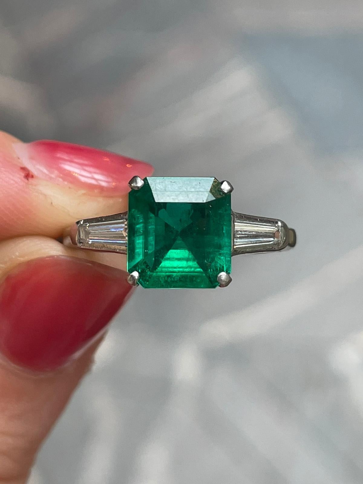 Art Deco 1.70 Carat Emerald and Diamond Three Stone Platinum Engagement Ring