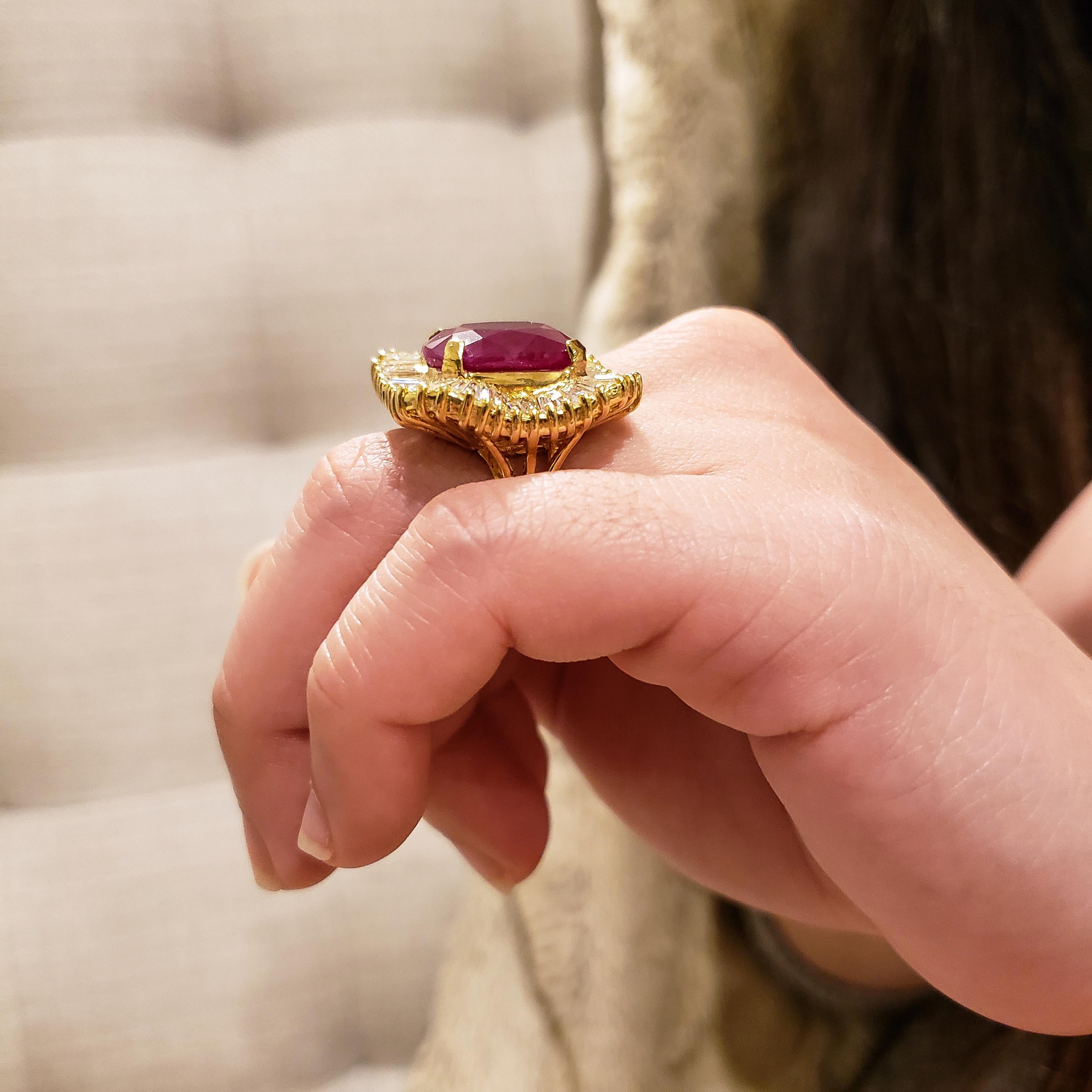 17.0 Carat Cushion Cut Ruby and Diamond Halo Cocktail Ring For Sale 2