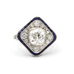 1.70 Carat Cushion Cut White Diamond with Sapphires "old heritage" Ring Platinum