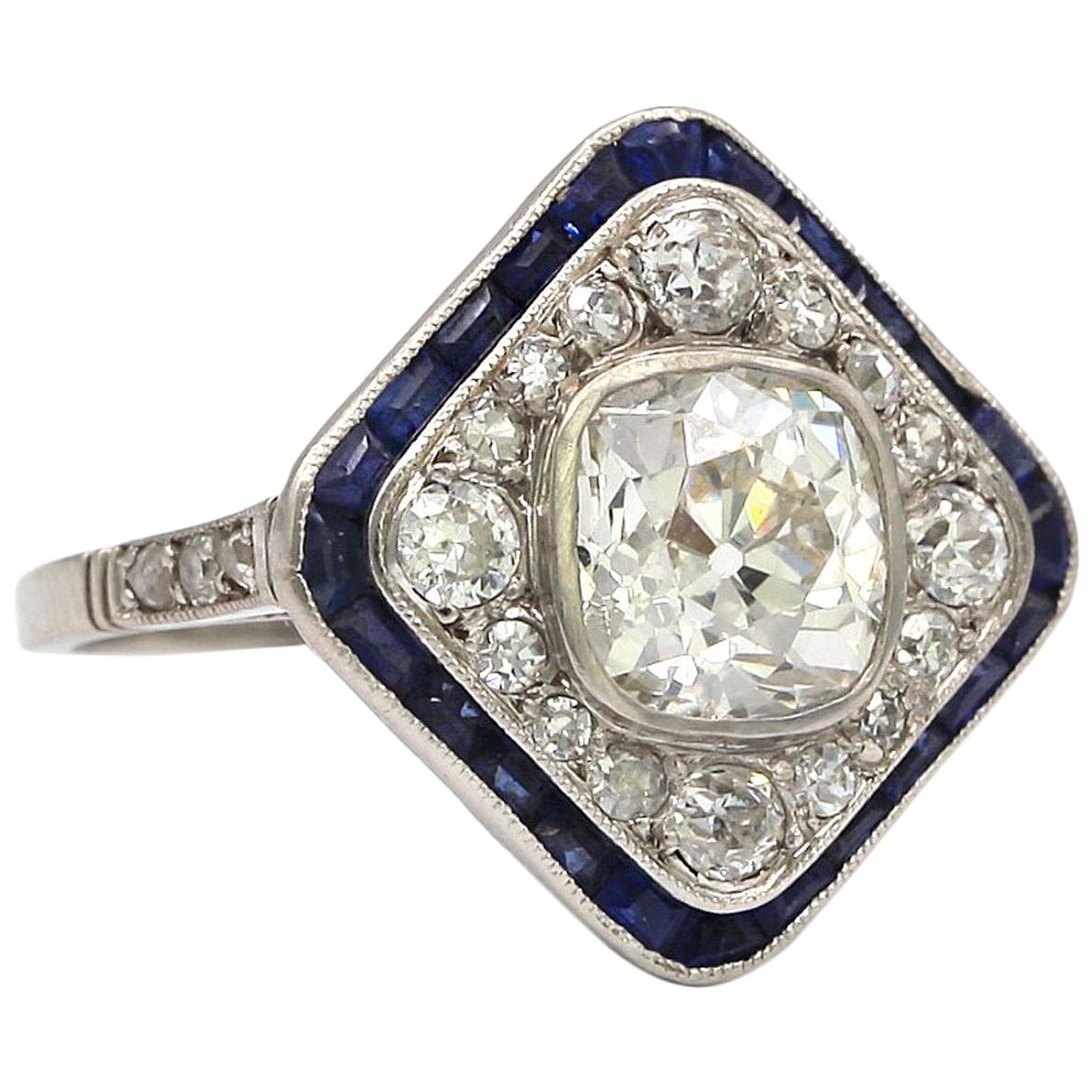 1.70 Carat Cushion Cut White Diamond with Sapphires "old heritage" Ring Platinum For Sale