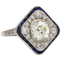 1.70 Carat Cushion Cut White Diamond with Sapphires "old heritage" Ring Platinum