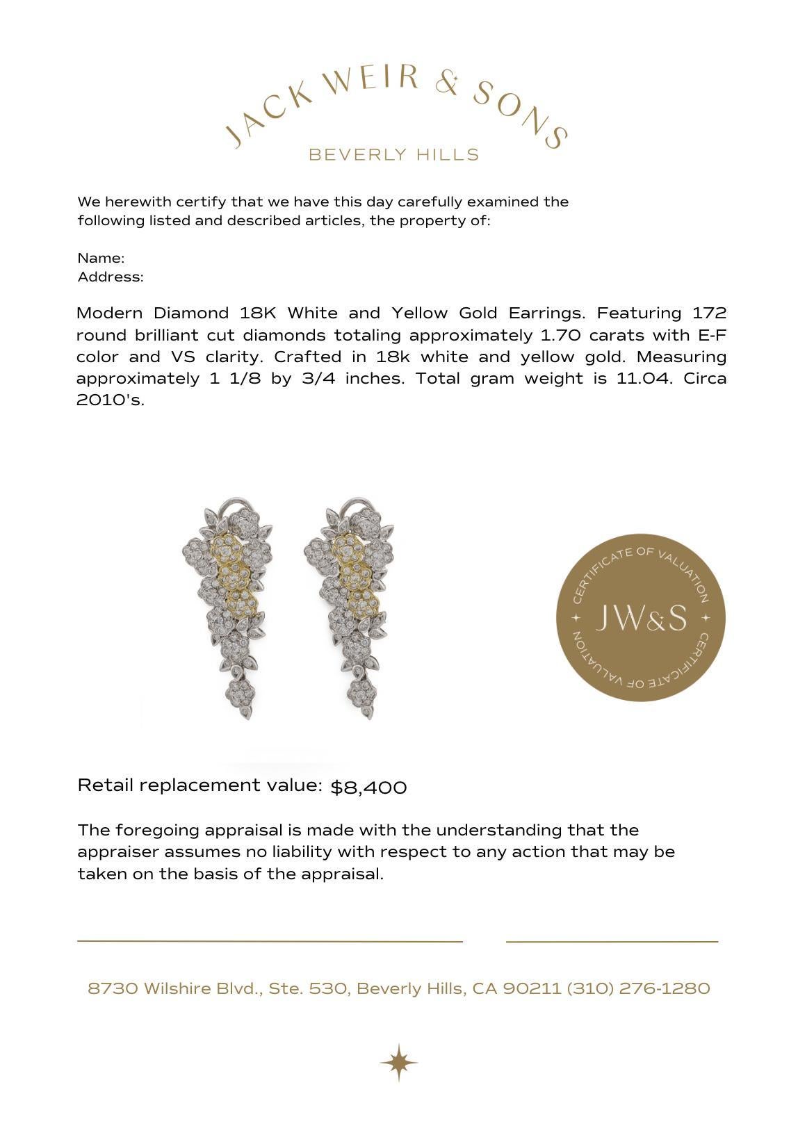Orecchini floreali in oro bianco e giallo 18k con diamante da 1,70 carati in vendita 2