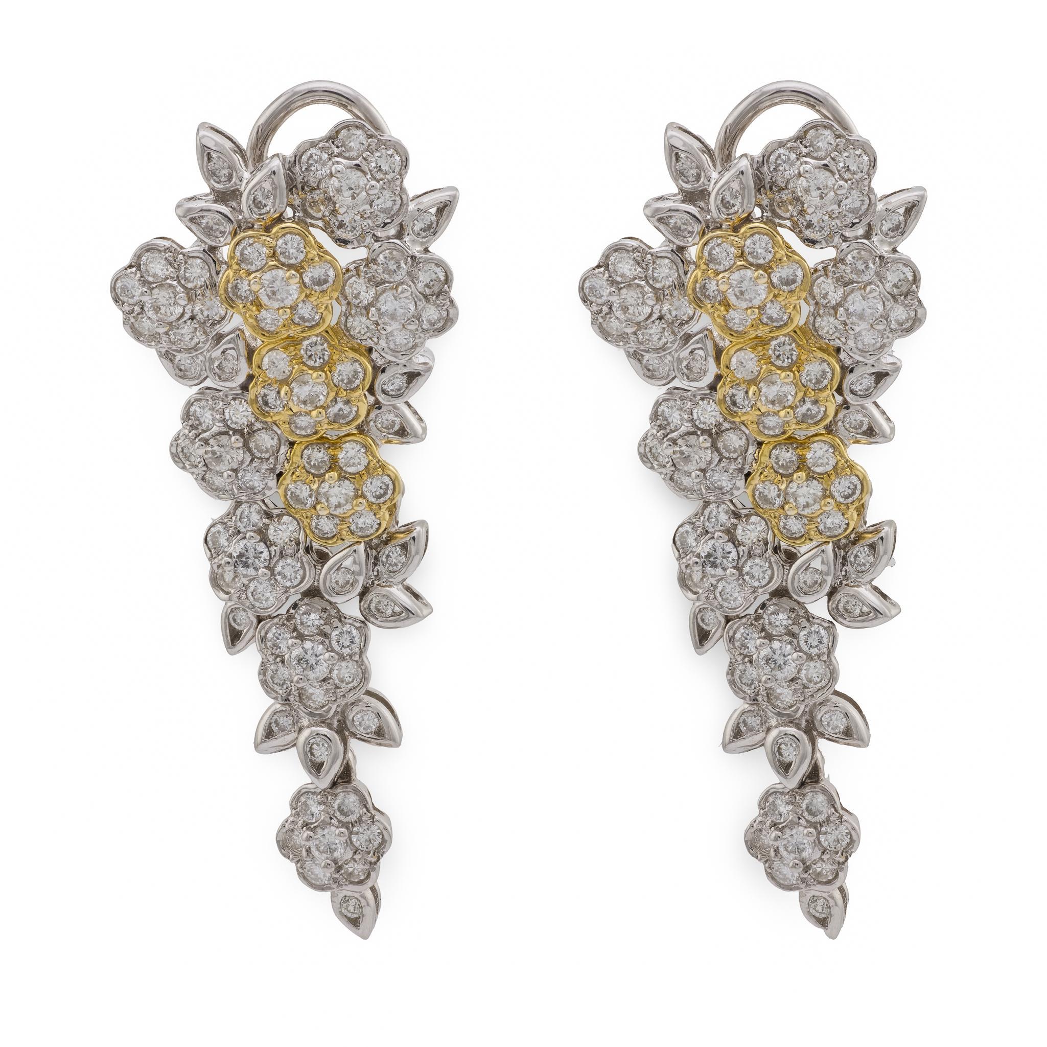 Orecchini floreali in oro bianco e giallo 18k con diamante da 1,70 carati