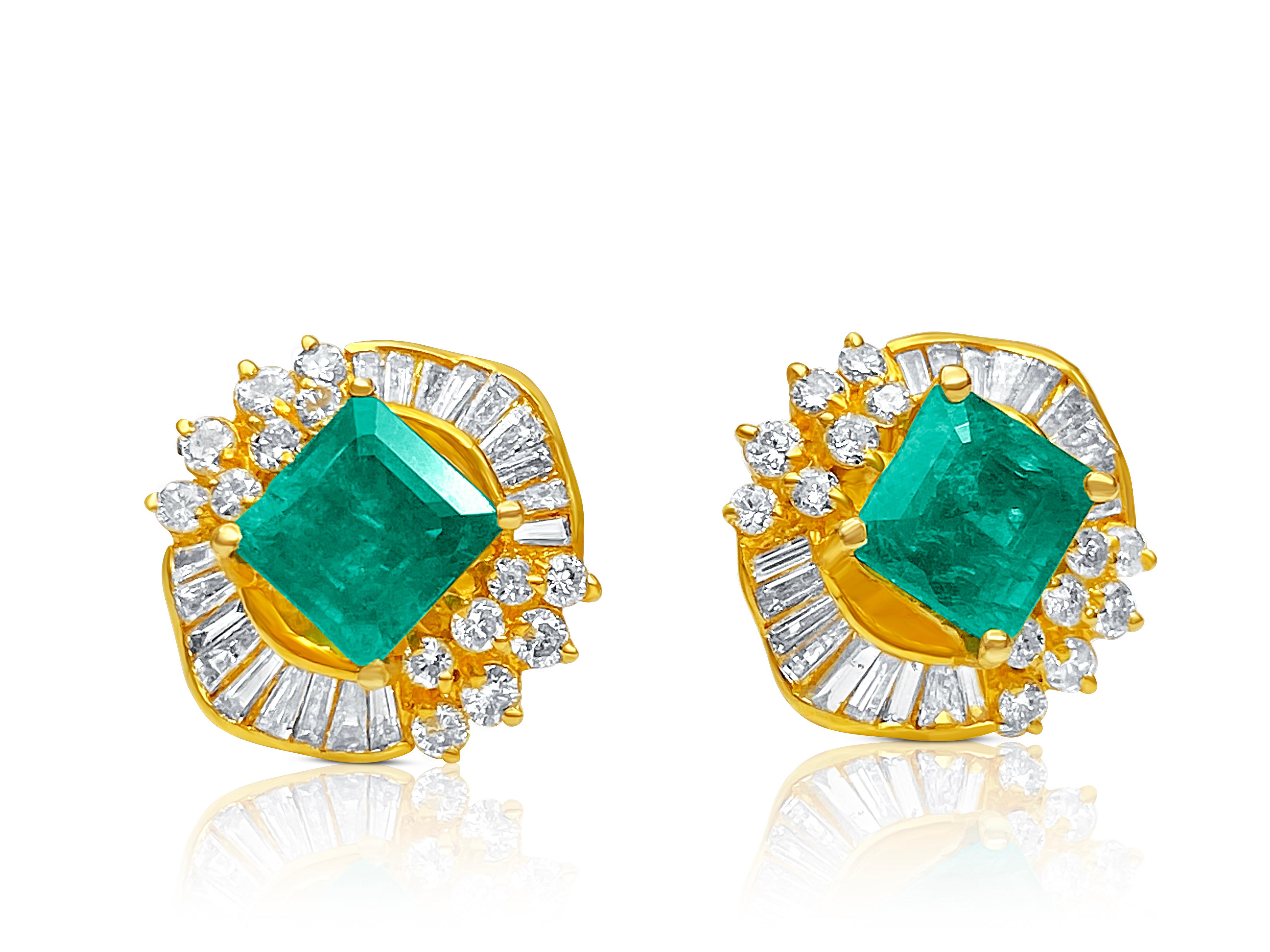Centering a lovely pair of Emerald-Cut Colombian Emeralds totaling 1.70 Carats, framed by an additional 1.35 Carats of Baguette-Cut and Round-Brilliant Cut Diamonds, and set in 18K Yellow Gold– also a part of a lovely Emerald Set!

Details:
✔ Stone: