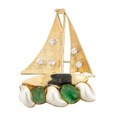 1.70 Carat Emerald Diamond Pearl Yellow Gold Sailboat Brooch