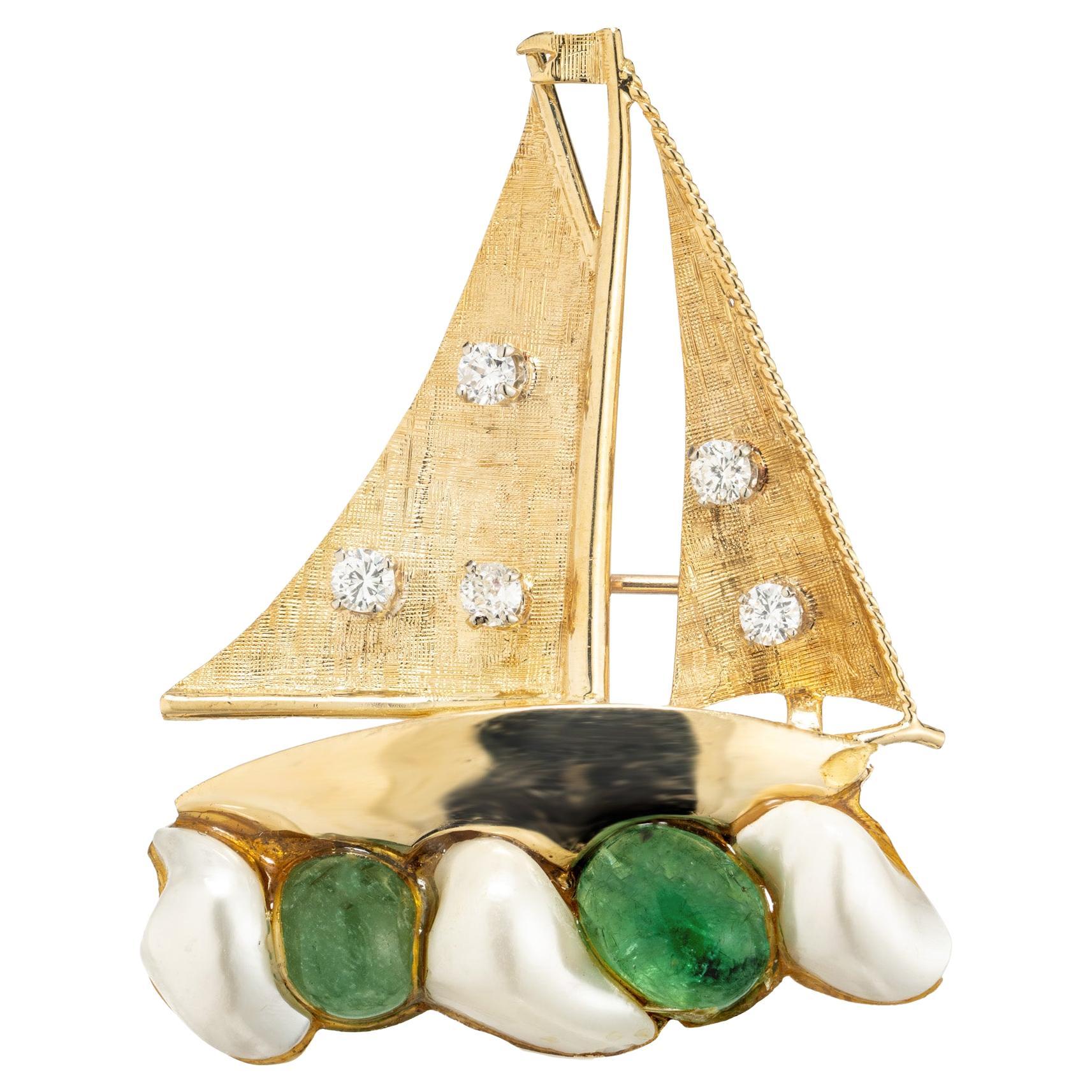 1.70 Carat Emerald Diamond Pearl Yellow Gold Sailboat Brooch