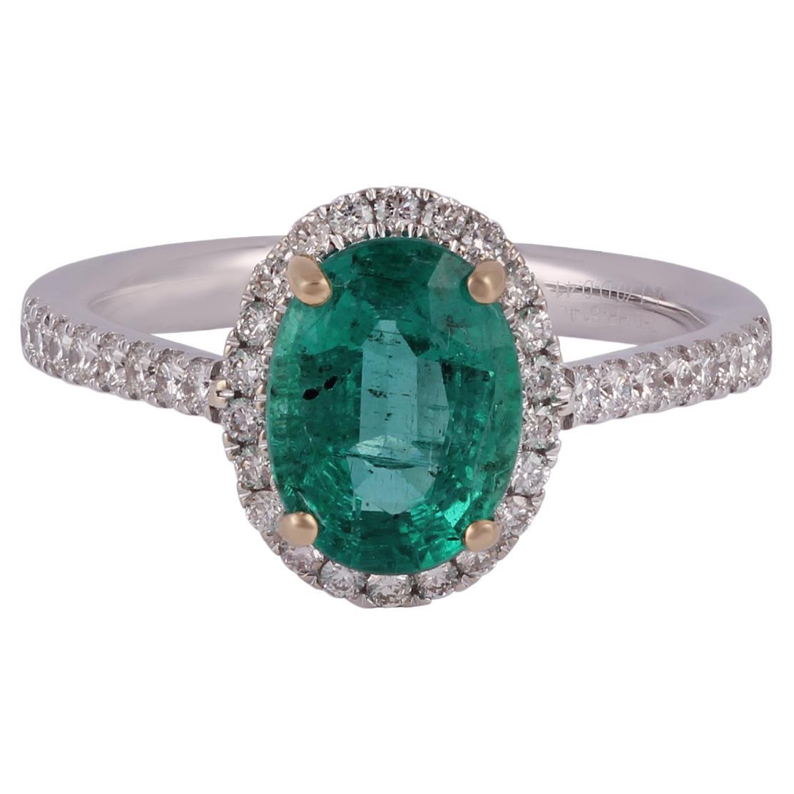 1.70 Carat Zambian Emerald & Diamond Ring Studded in 18k White Gold For Sale