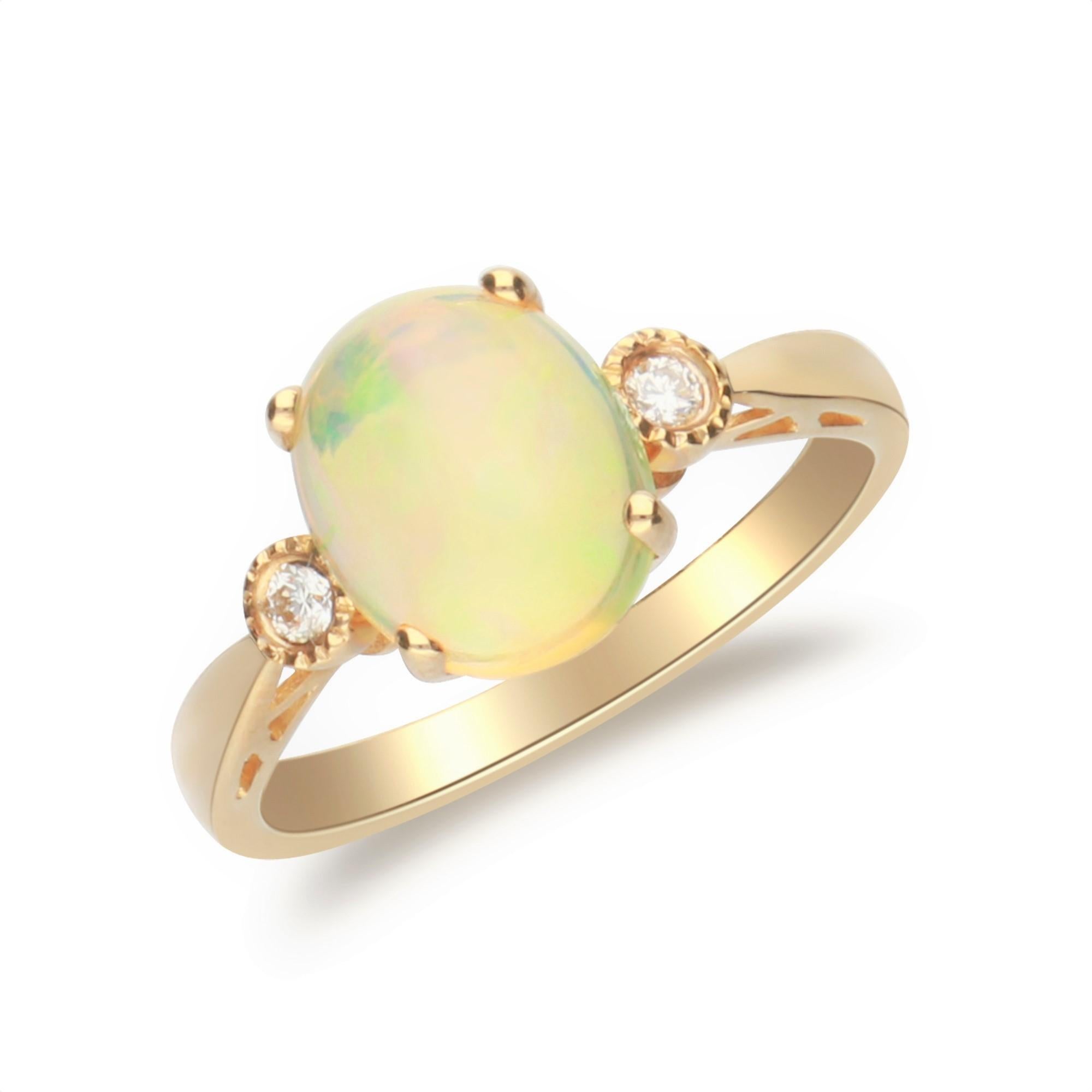 Art Deco 1.70 Carat Ethiopian Opal Oval Cab Diamond Accents 10K Yellow Gold Ring For Sale