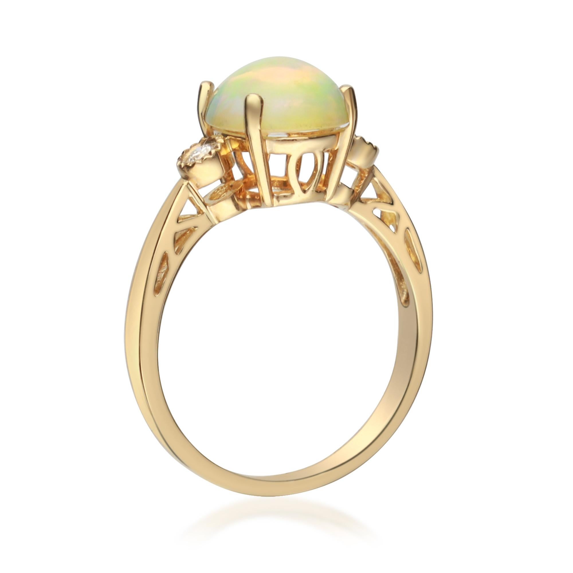Art Deco 1.70 Carat Ethiopian Opal Oval Cab Diamond Accents 10K Yellow Gold Ring For Sale