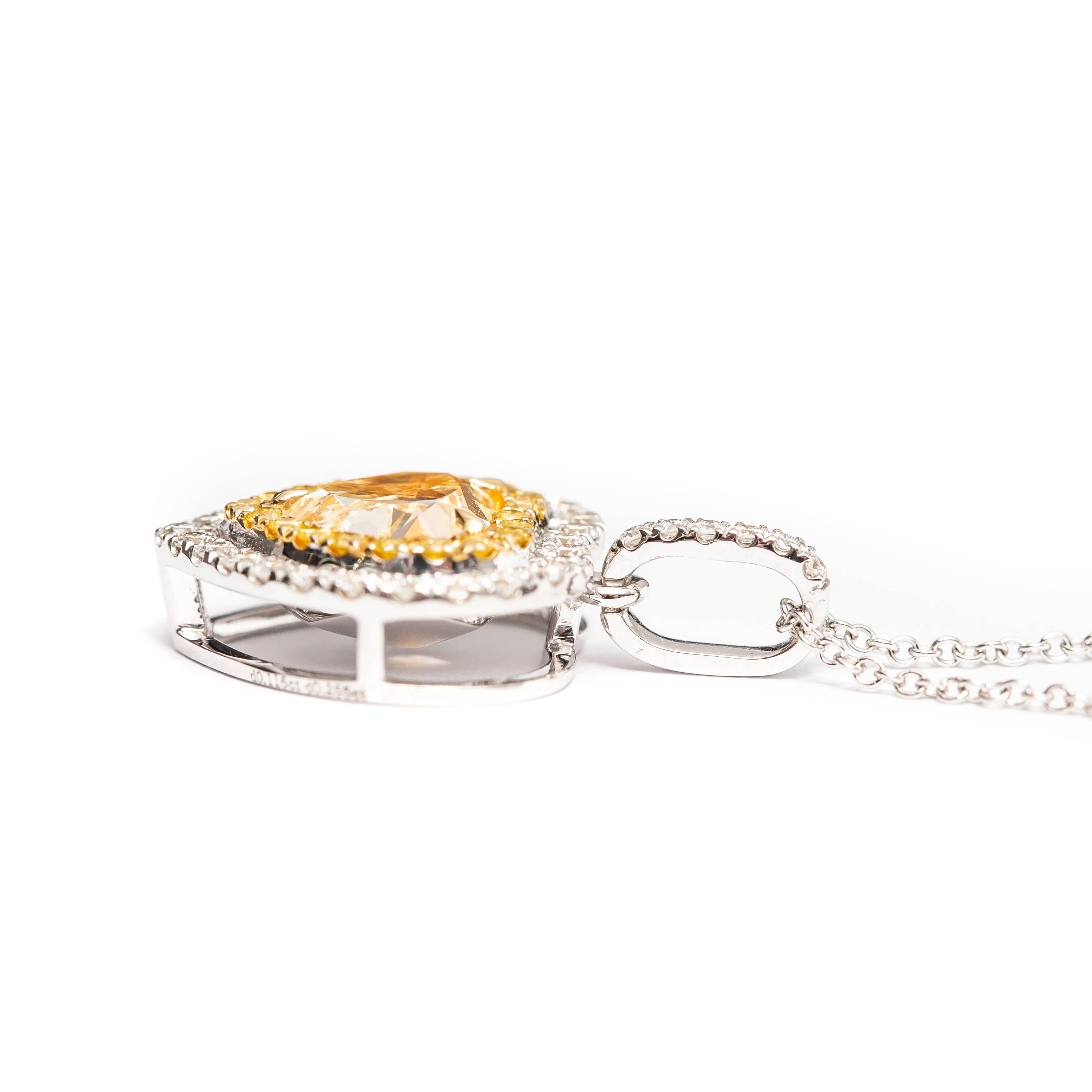 Modern 1.70 Carat Heart Shaped White Diamond Round Halo 18 Karat Gold Chain Pendant For Sale