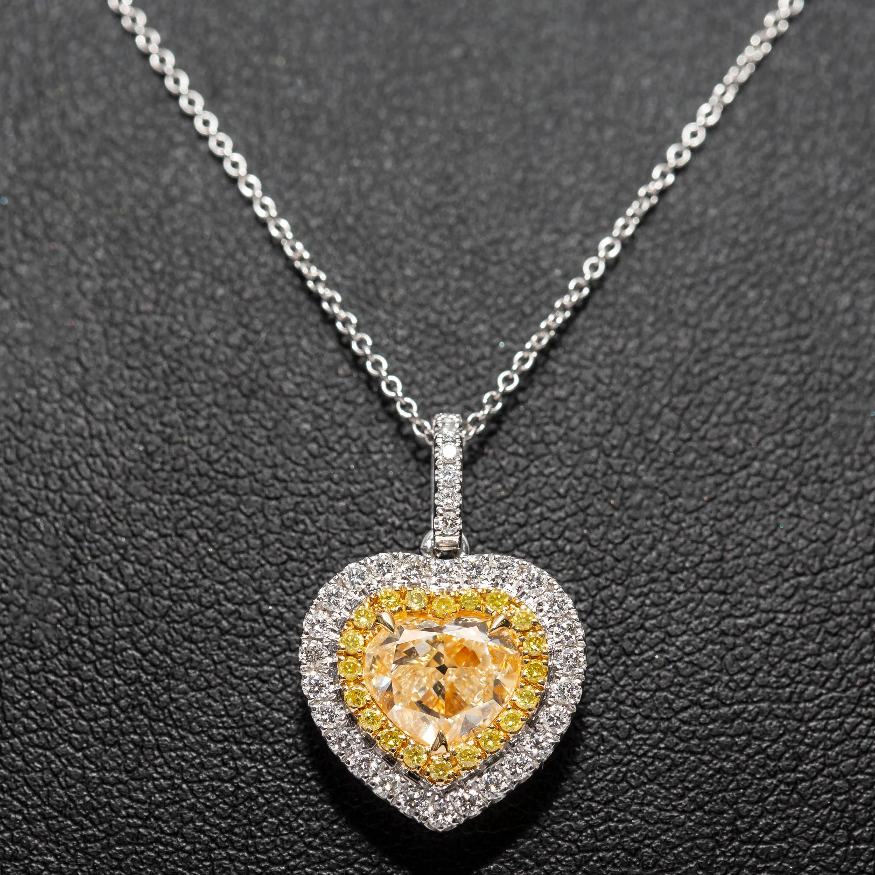 Women's 1.70 Carat Heart Shaped White Diamond Round Halo 18 Karat Gold Chain Pendant For Sale