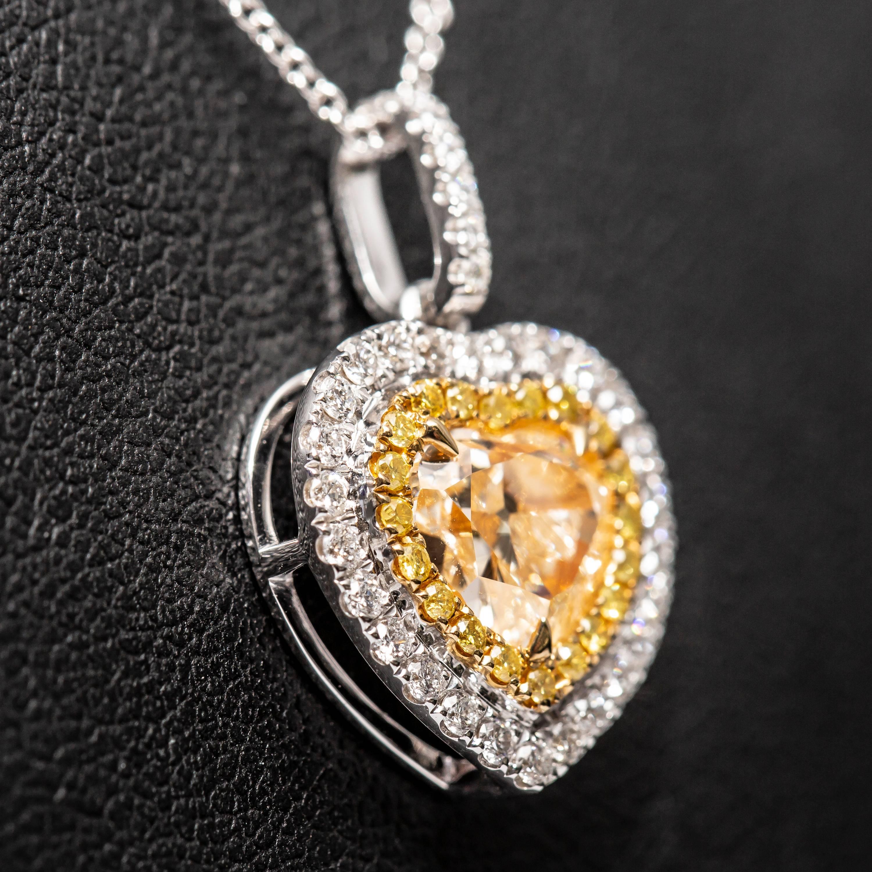 1.70 Carat Heart Shaped White Diamond Round Halo 18 Karat Gold Chain Pendant For Sale 1