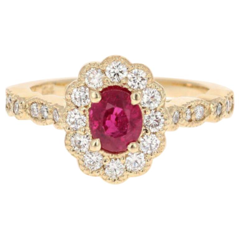 1.70 Carat Impressive Natural Red Ruby and Diamond 14 Karat Yellow Gold Ring For Sale