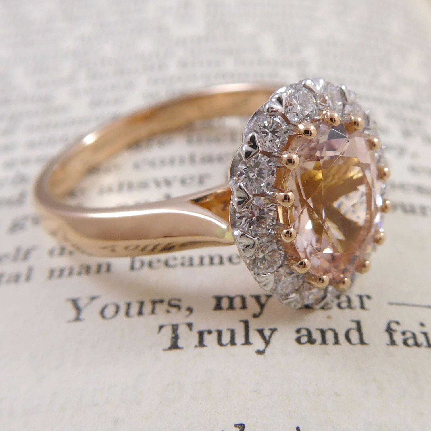 Modern 1.70 Carat Morganite and Diamond Ring, Vintage Cluster Style in Rose Gold