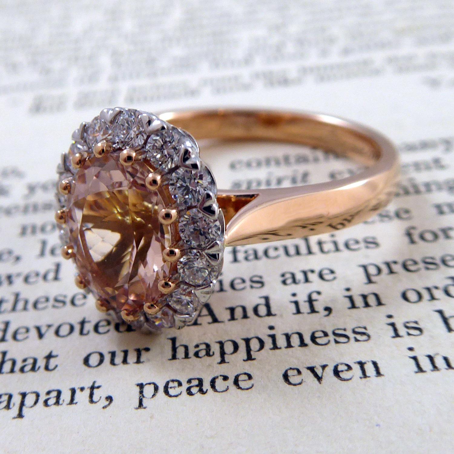 Round Cut 1.70 Carat Morganite and Diamond Ring, Vintage Cluster Style in Rose Gold