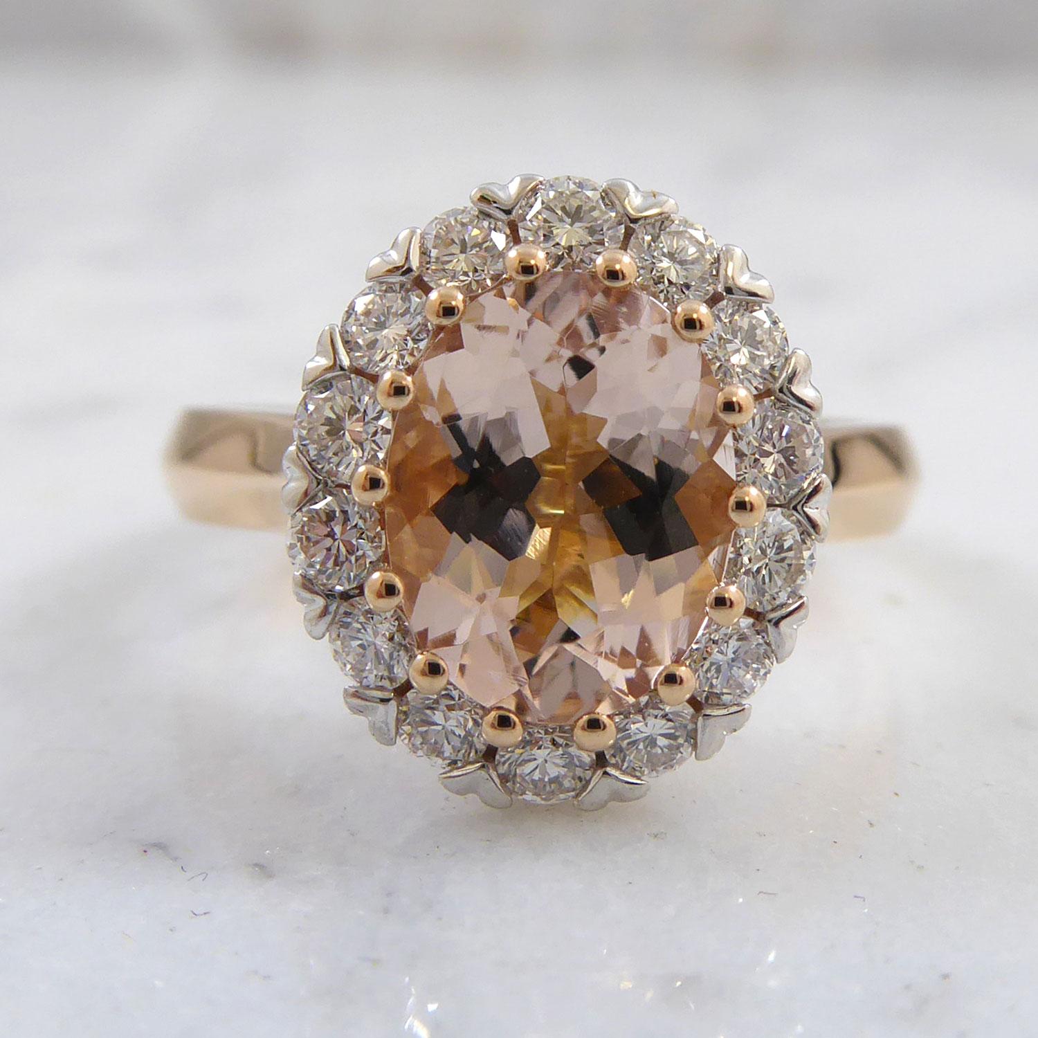 1.70 Carat Morganite and Diamond Ring, Vintage Cluster Style in Rose Gold In Excellent Condition In Yorkshire, West Yorkshire
