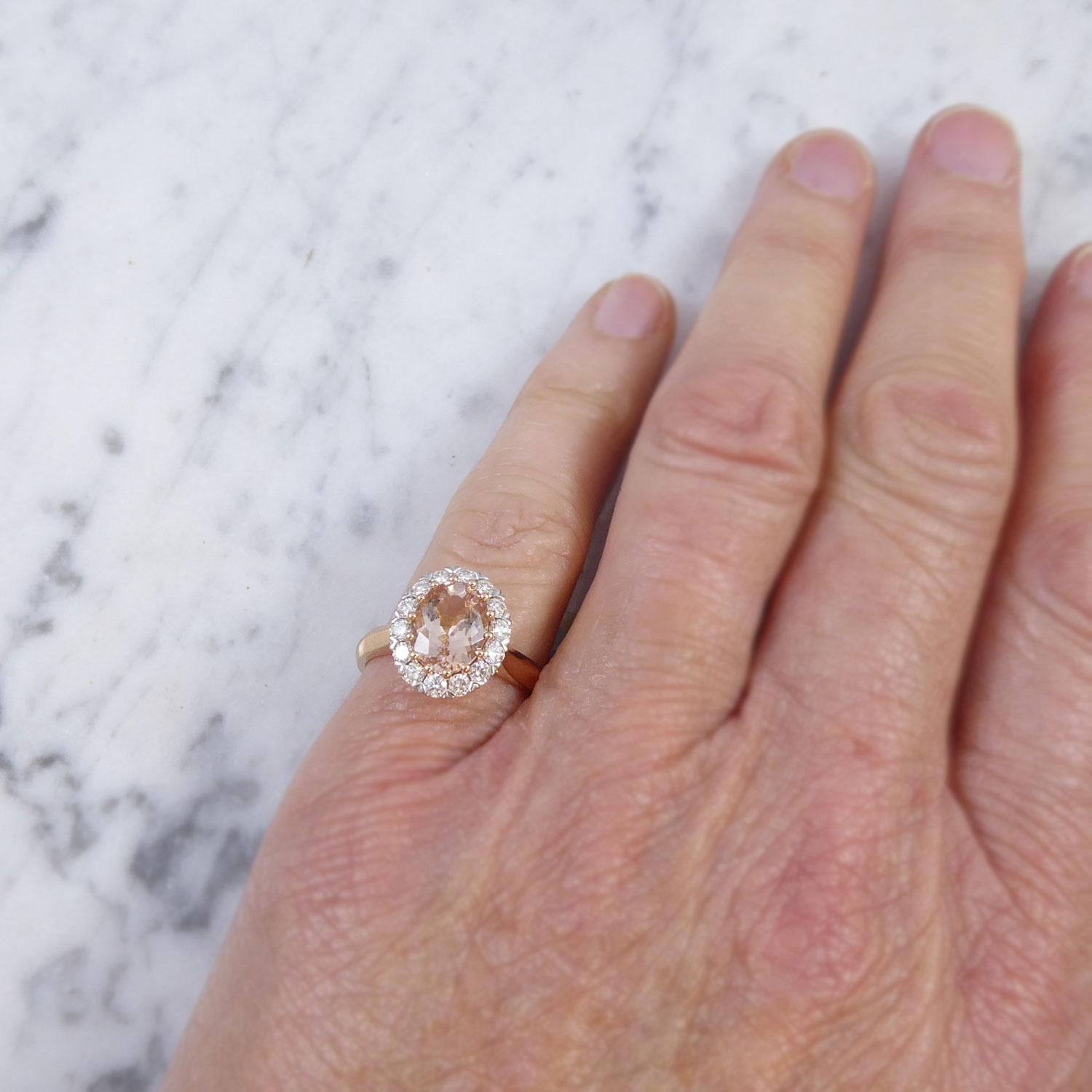 1.70 Carat Morganite and Diamond Ring, Vintage Cluster Style in Rose Gold 1