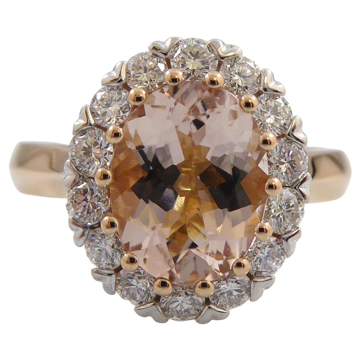 1.70 Carat Morganite and Diamond Ring, Vintage Cluster Style in Rose Gold