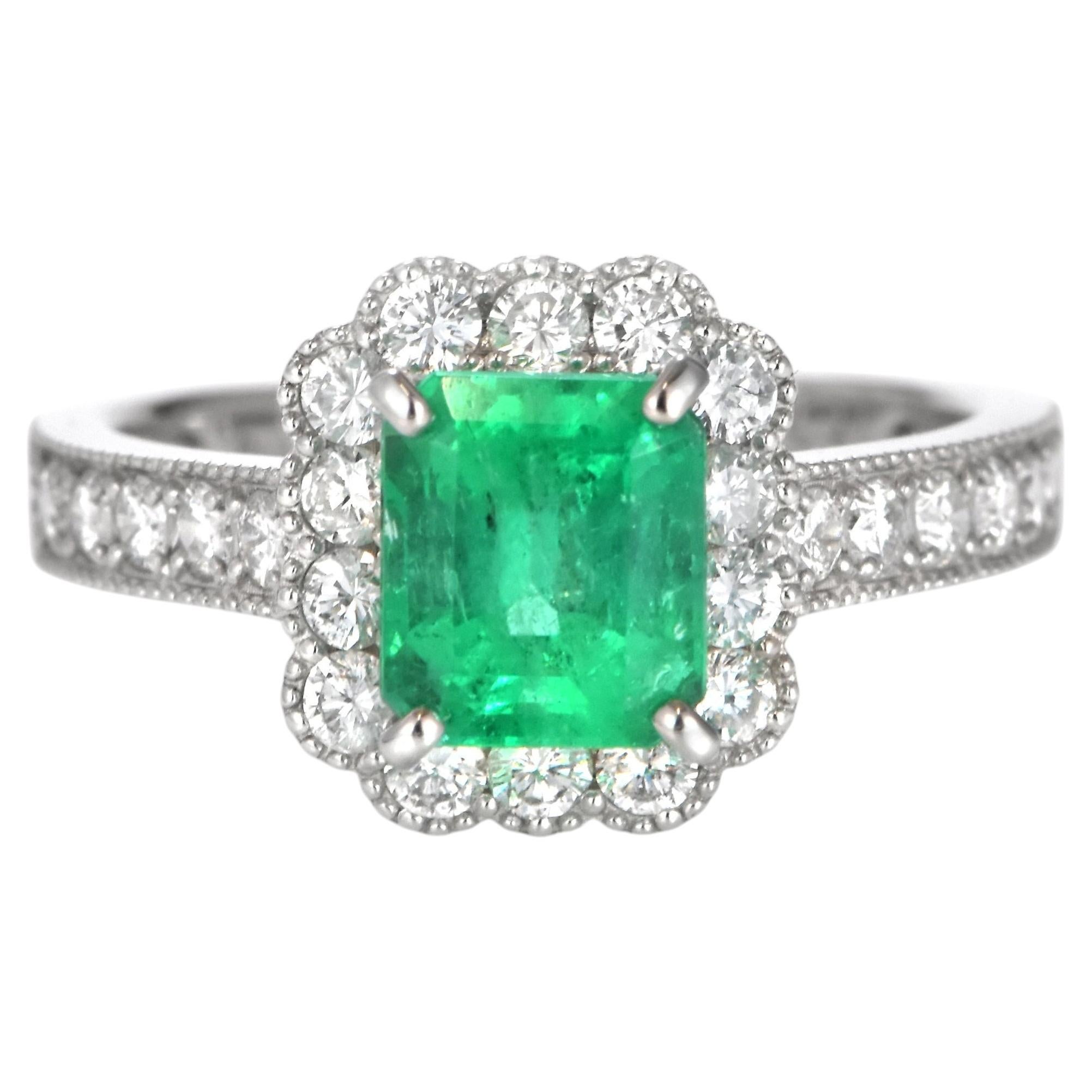 1.70 Carat Natural Colombian Emerald and Diamond Ring Made in Platinum