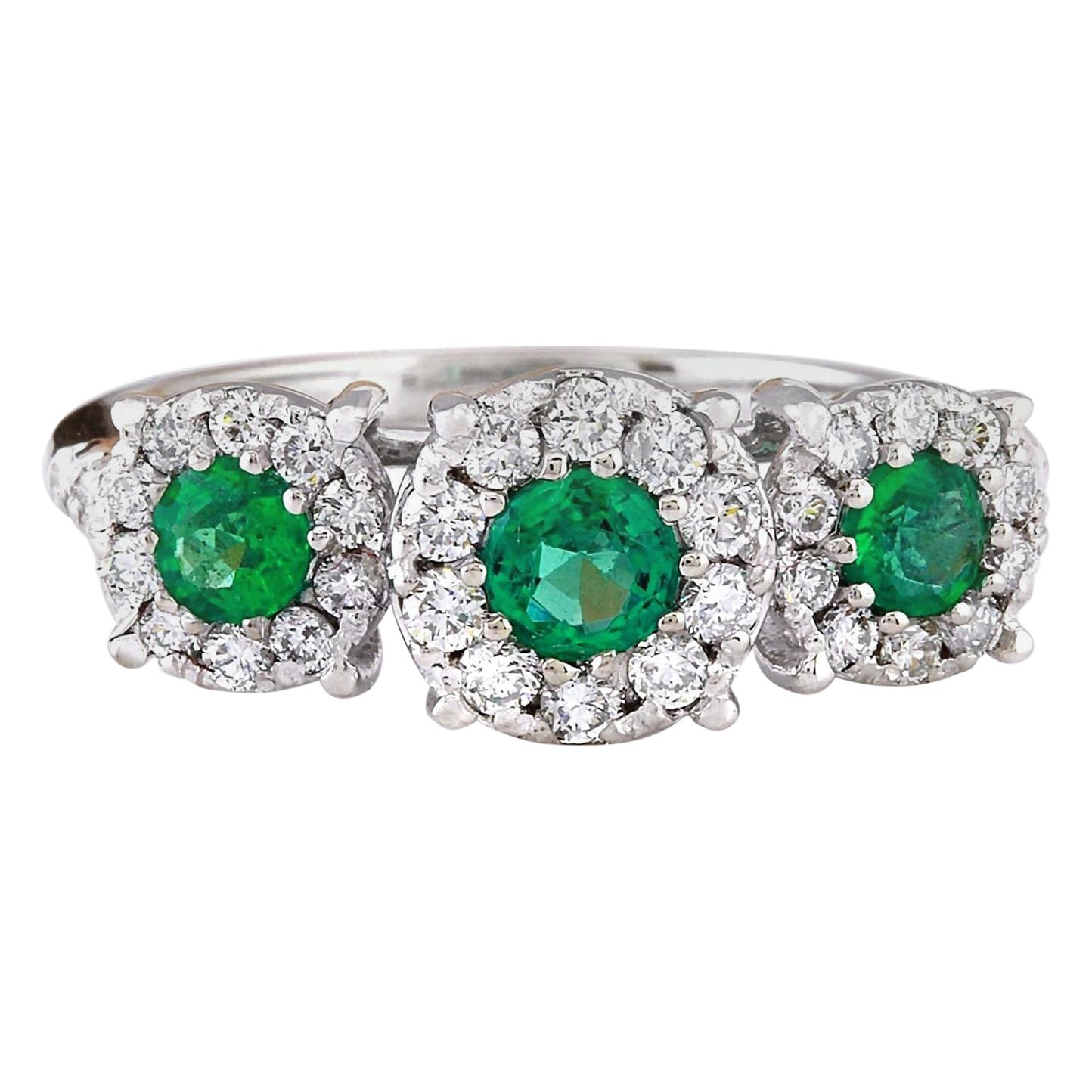 1.70 Carat Natural Emerald 14 Karat Solid White Gold Diamond Ring For Sale