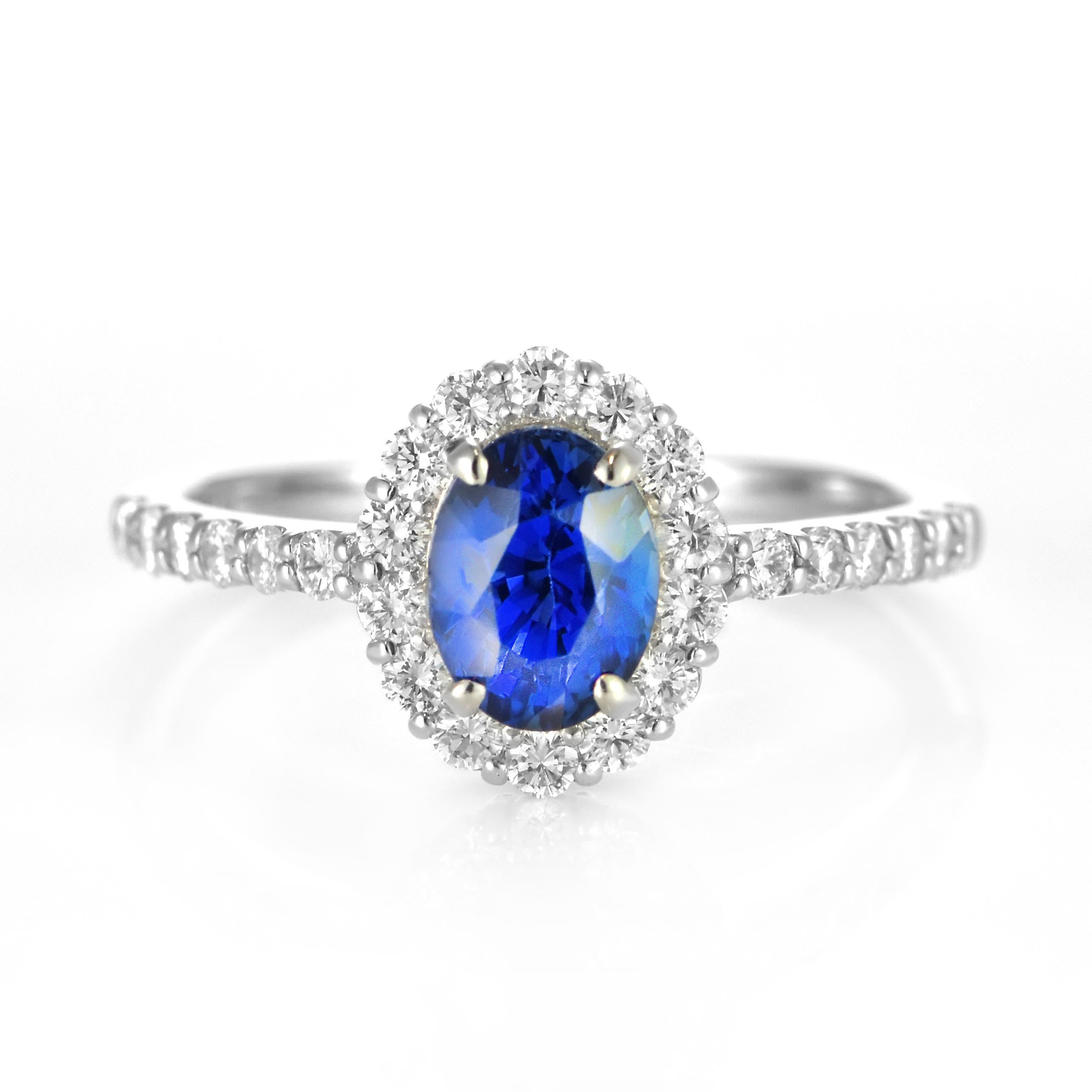 A beautiful ring featuring a 1.70 Carat Natural Sapphire and 0.48 Carats Diamond Accents set in Platinum. Sapphires have extraordinary durability - they excel in hardness as well as toughness and durability making them very popular in jewelry.