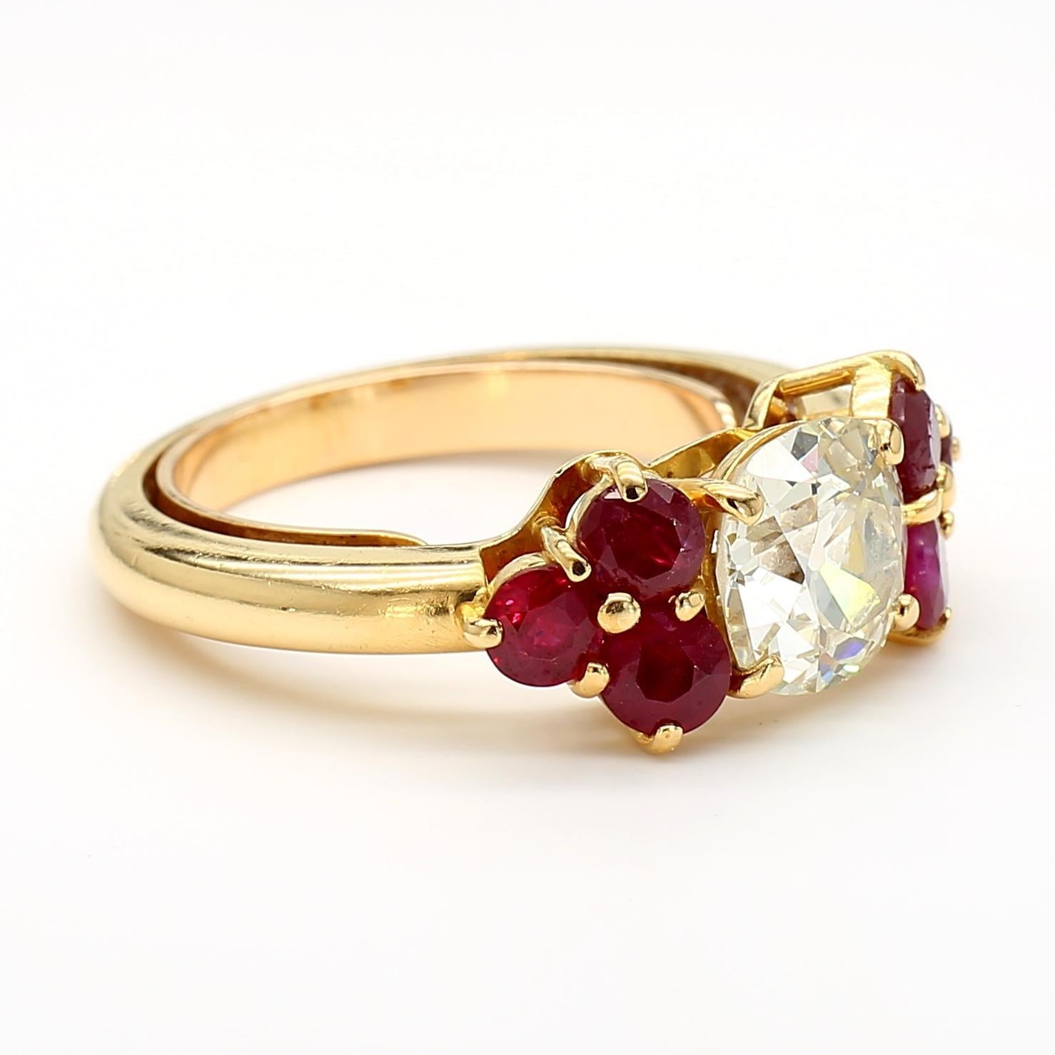 1.70 Carat Old Euro Diamond and Ruby 18K Gold Ring in vendita 5