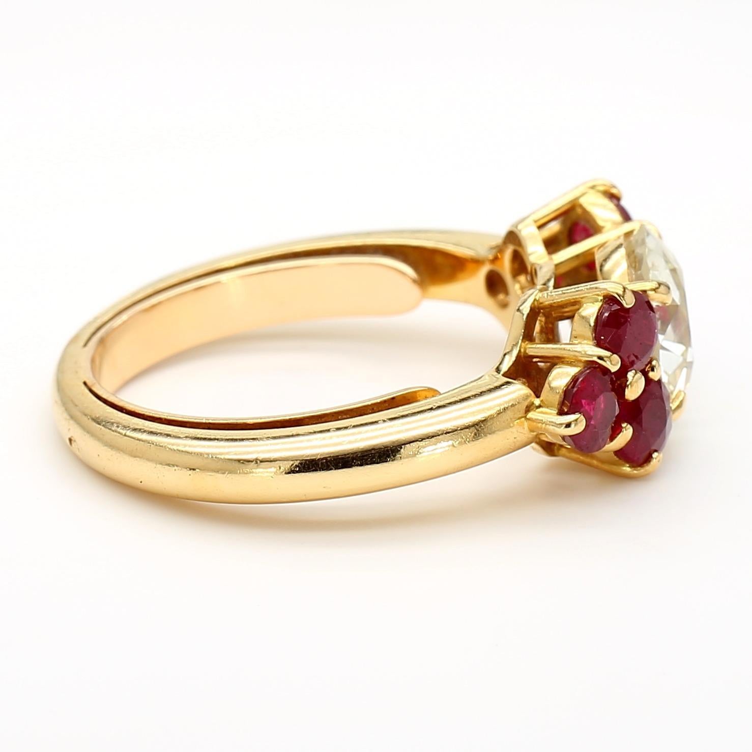1.70 Carat Old Euro Diamond and Ruby 18K Gold Ring in vendita 4