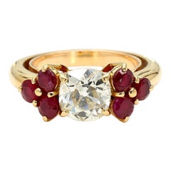 1.70 Carat Old Euro Diamond and Ruby 18K Gold Ring