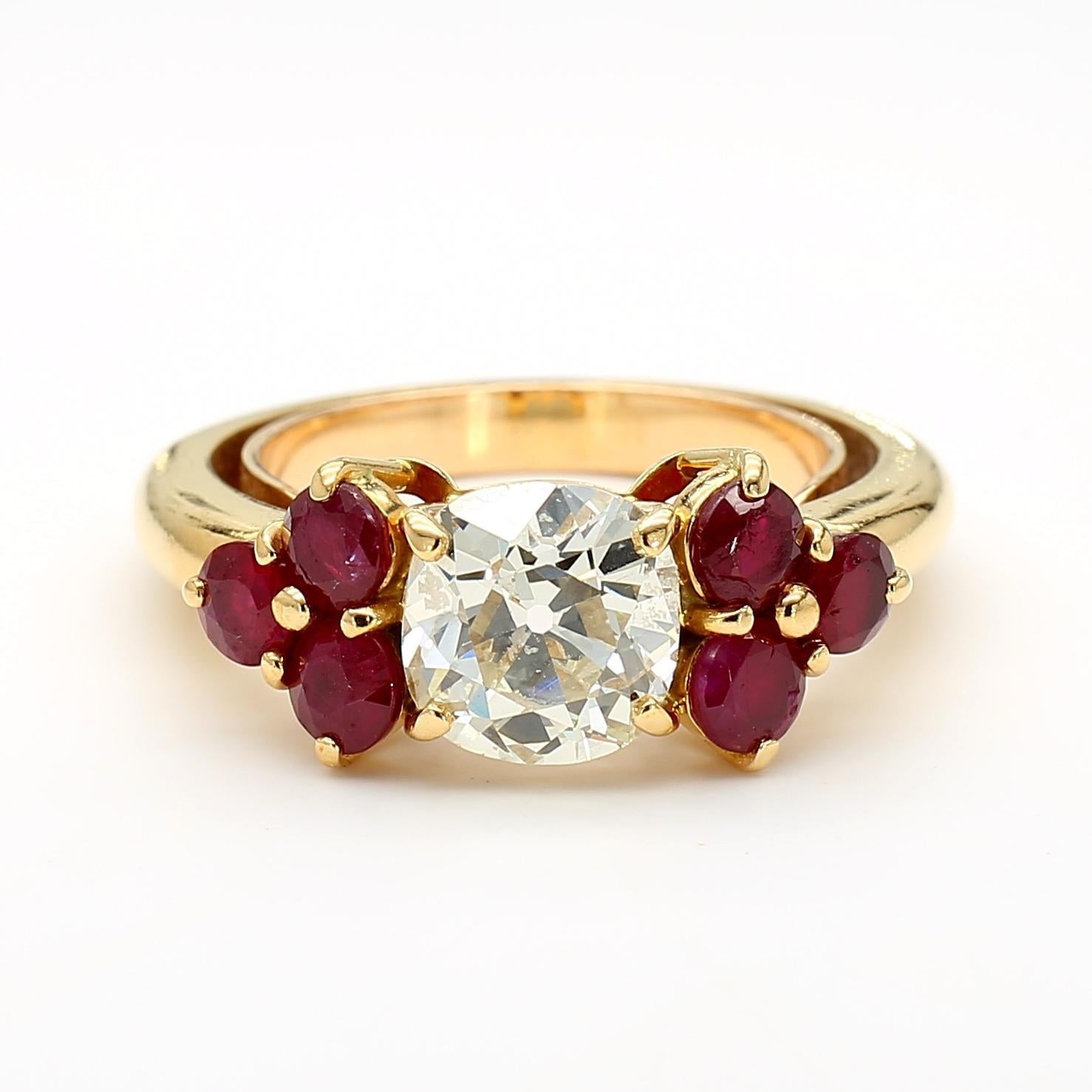 1.70 Carat Old Euro Diamond and Ruby 18K Gold Ring