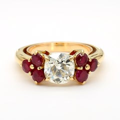 1.70 Carat Old Euro Diamond and Ruby 18K Gold Ring