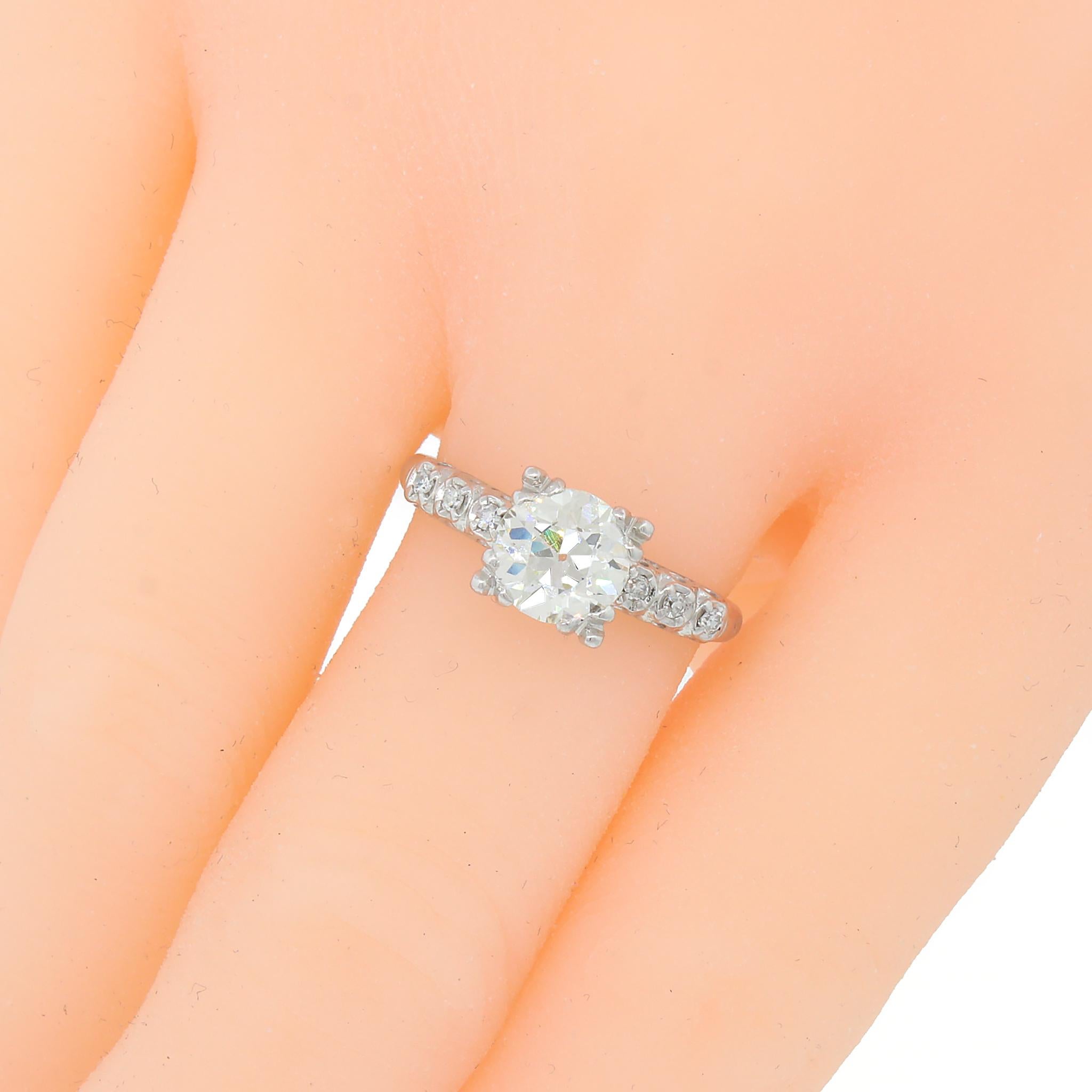 14 kt White Gold
Cut: Old Mine Cut
Carat: 1.70 carat
Color: L-M
Clarity: SI
Ring Size: 7
Total Weight: 3.7 grams