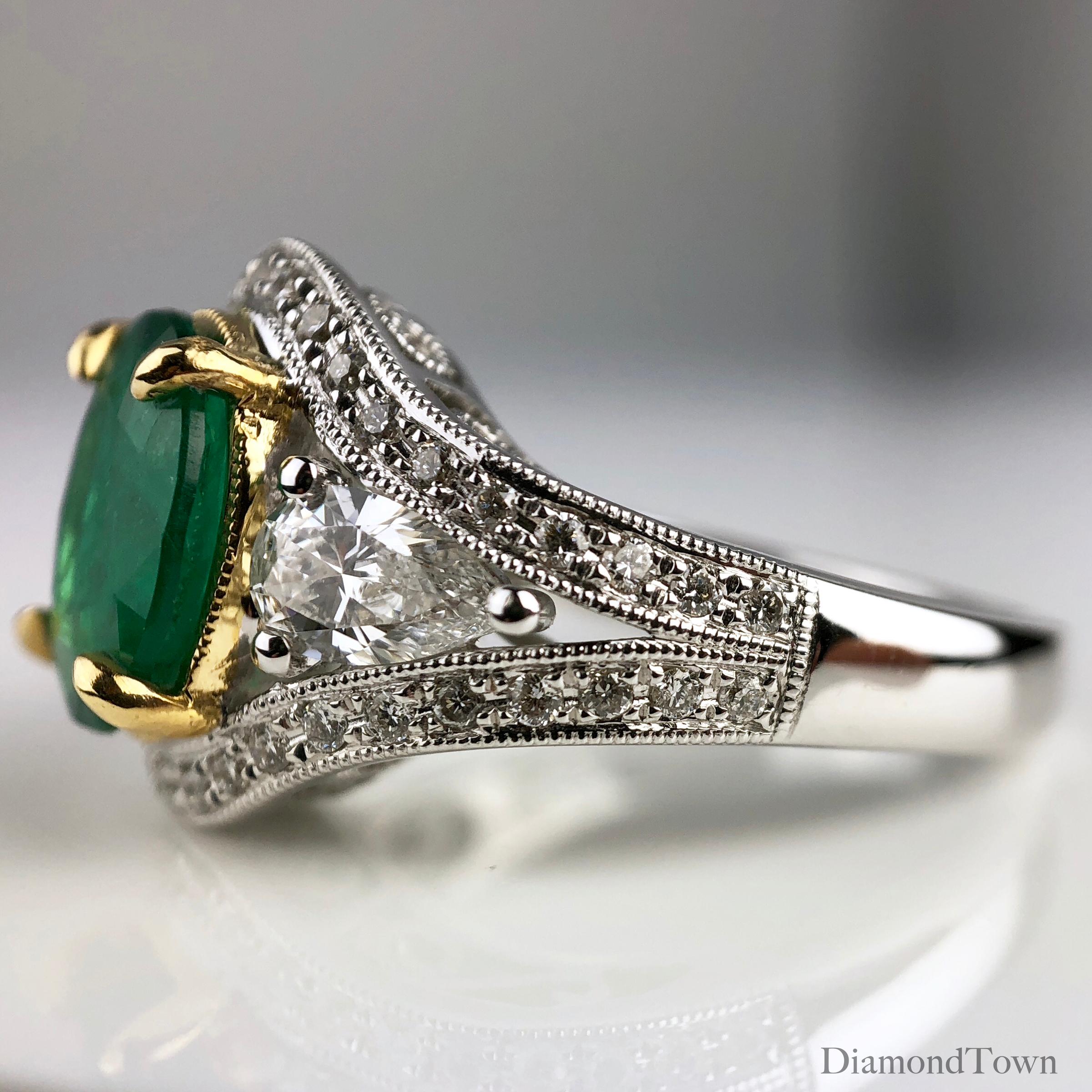 Diamond Town 1.70 Carat Oval Cut Fine Emerald and 0.73 Carat Diamond Ring In New Condition In New York, NY