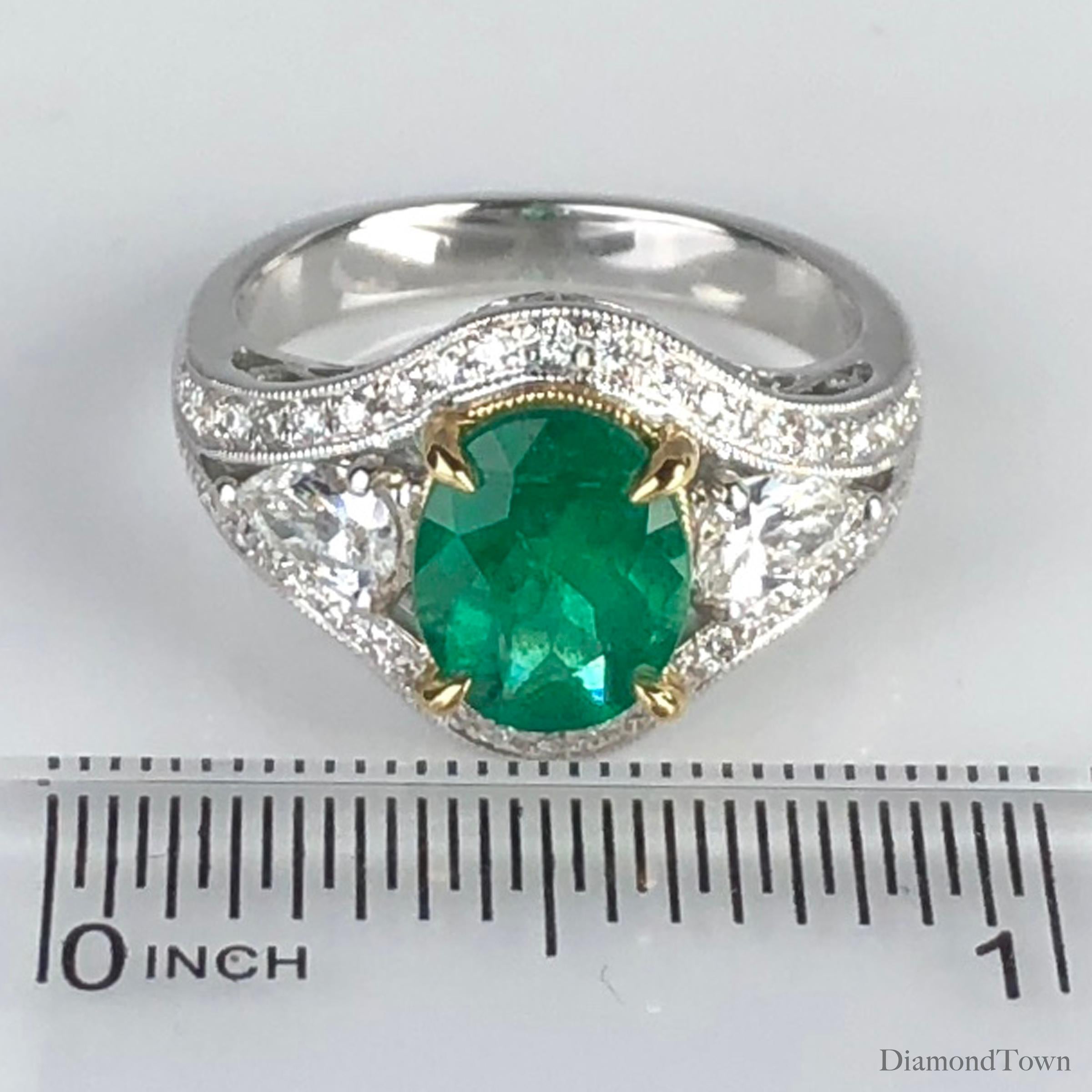 Diamond Town 1.70 Carat Oval Cut Fine Emerald and 0.73 Carat Diamond Ring 1