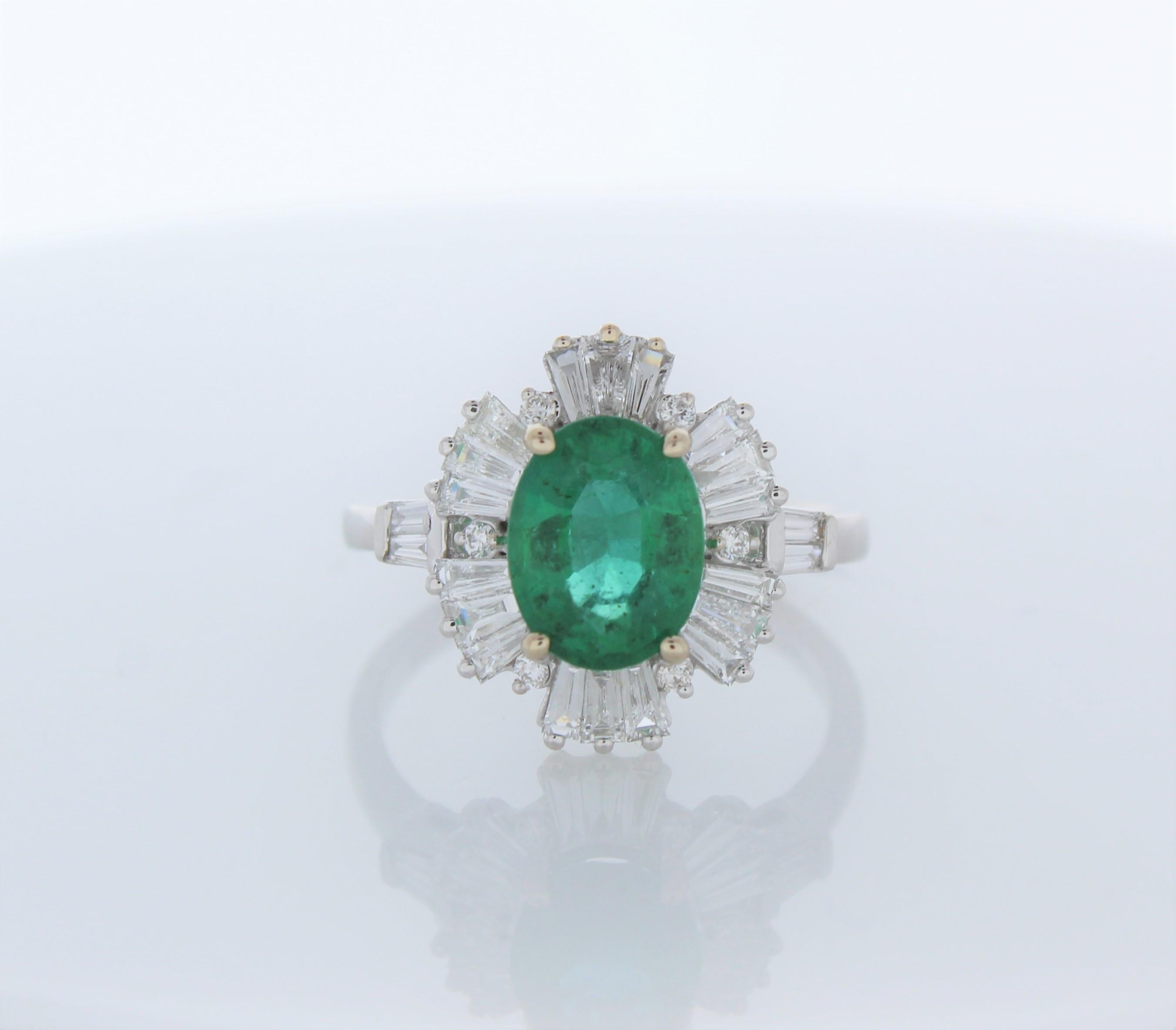 1.70 Carat Oval Emerald and Diamond Ring in 18K White Gold In New Condition For Sale In Chicago, IL