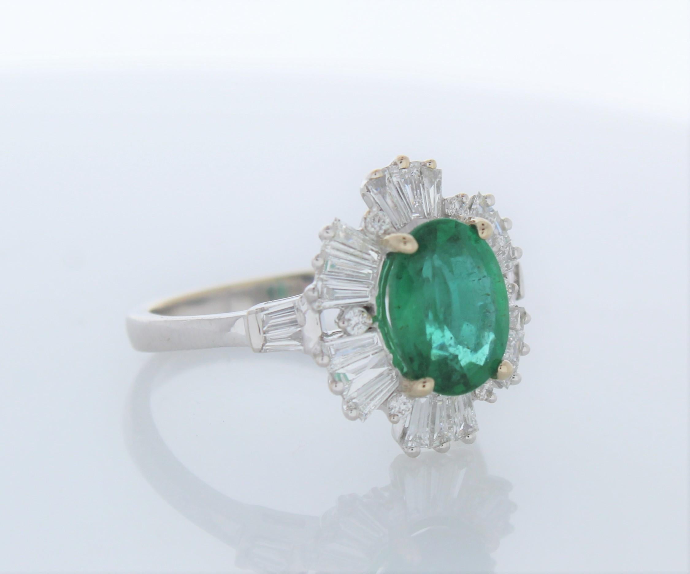 Women's or Men's 1.70 Carat Oval Emerald and Diamond Ring in 18K White Gold For Sale
