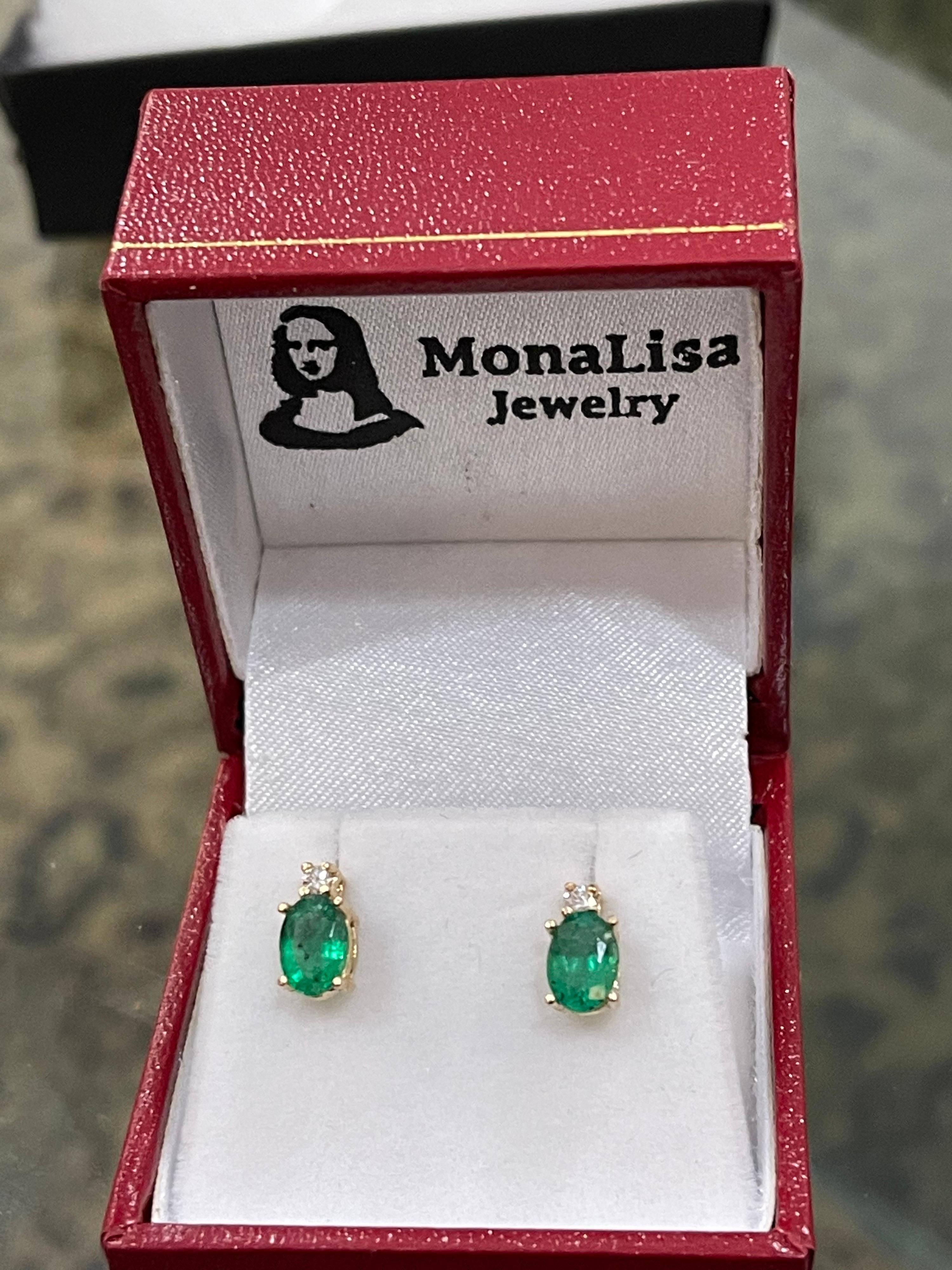 1.70 Carat Oval Natural Emerald and Diamond Stud Post Earrings 14 Karat Gold 7