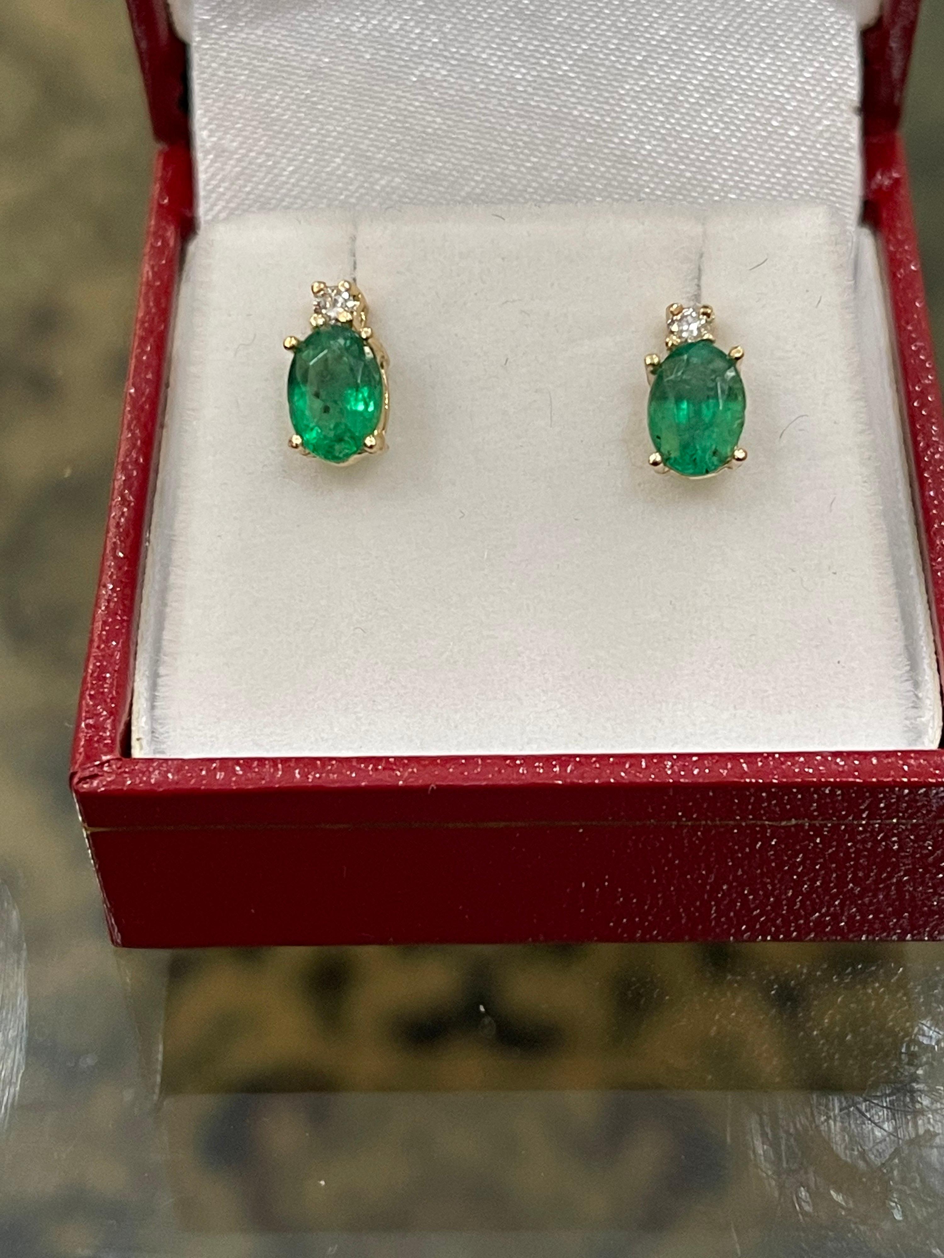 1.70 Carat Oval Natural Emerald and Diamond Stud Post Earrings 14 Karat Gold 8
