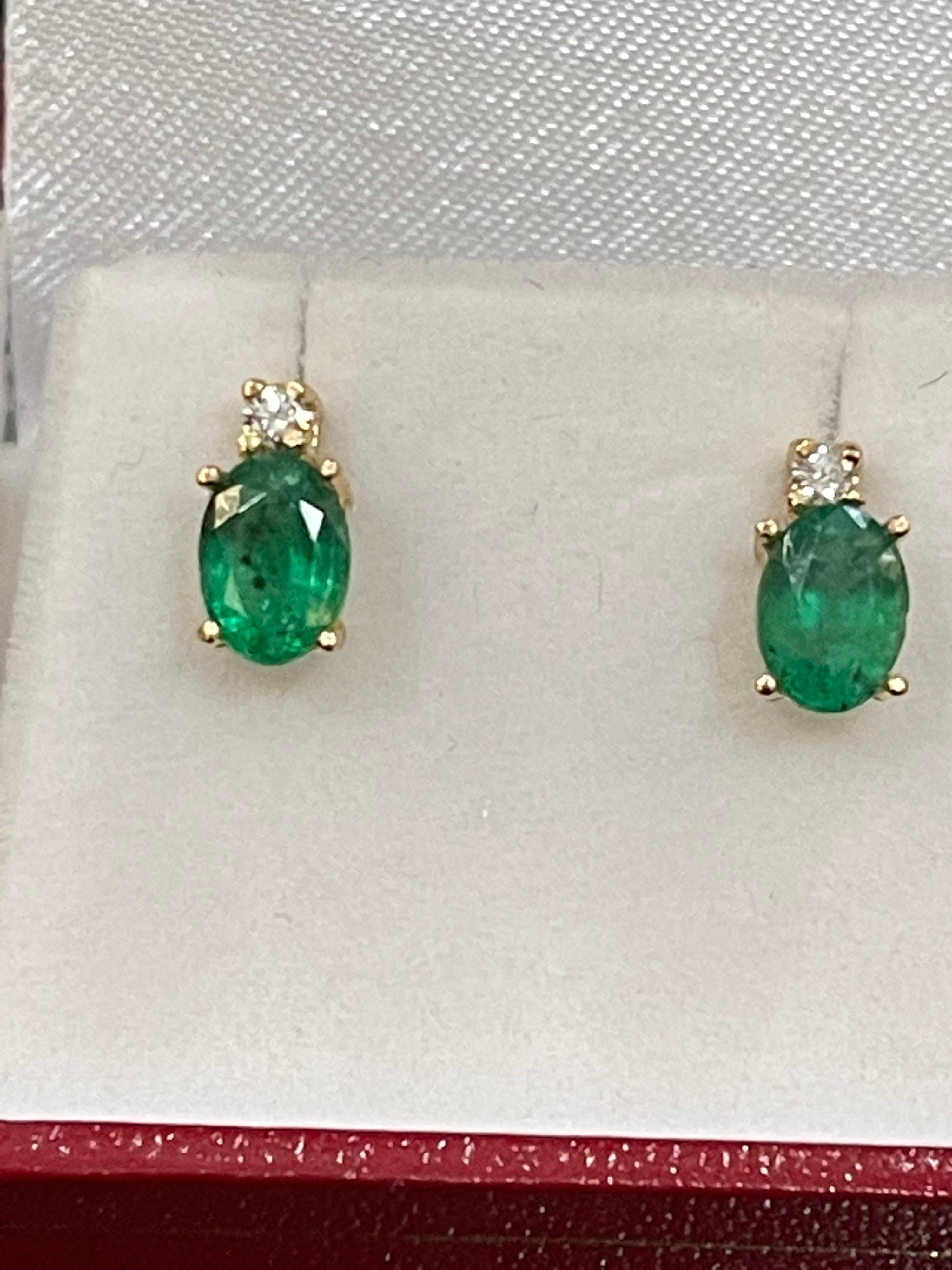 1.70 Carat Oval Natural Emerald and Diamond Stud Post Earrings 14 Karat Gold 9