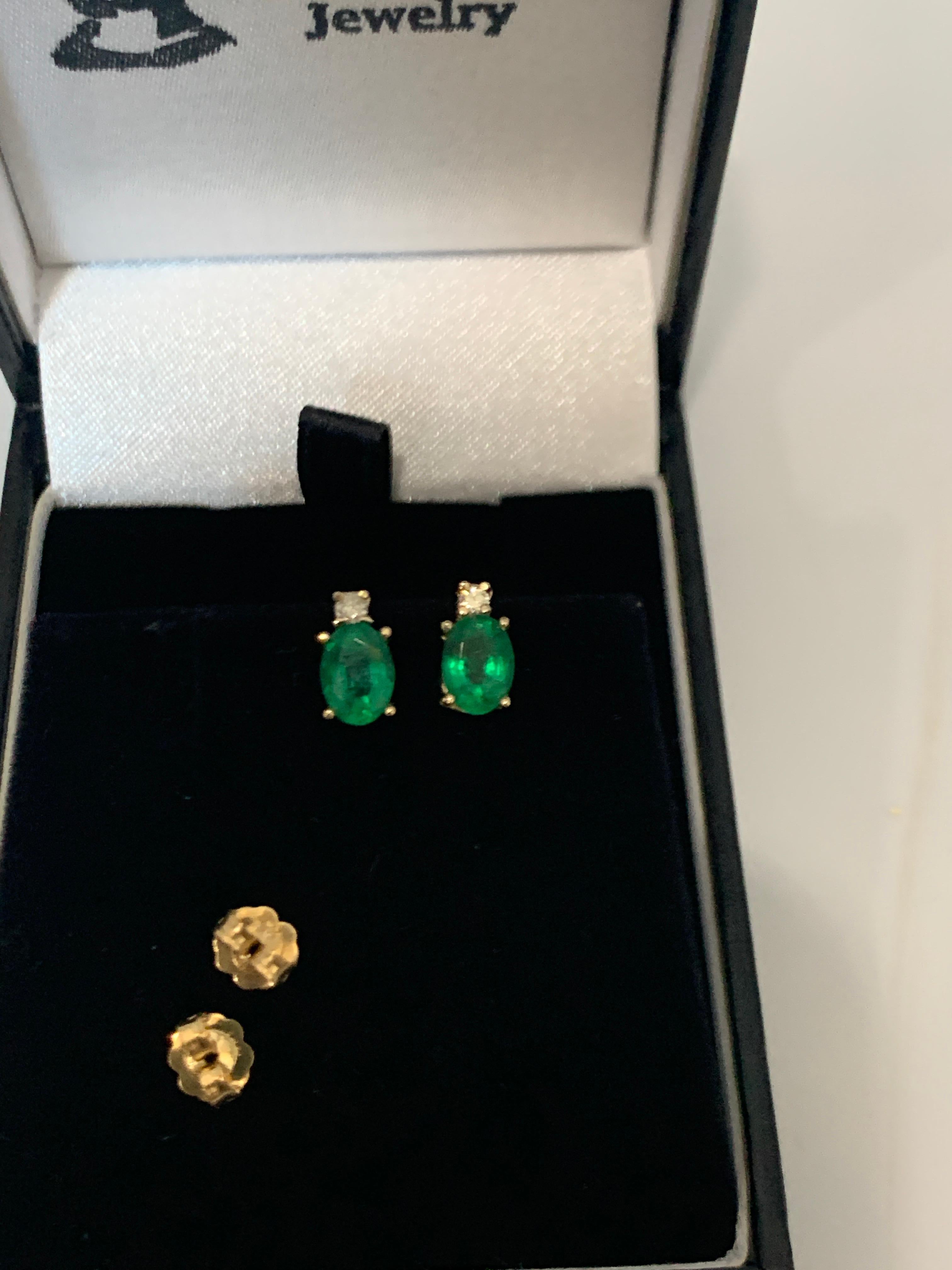 1.70 Carat Oval Natural Emerald and Diamond Stud Post Earrings 14 Karat Gold In Excellent Condition In New York, NY