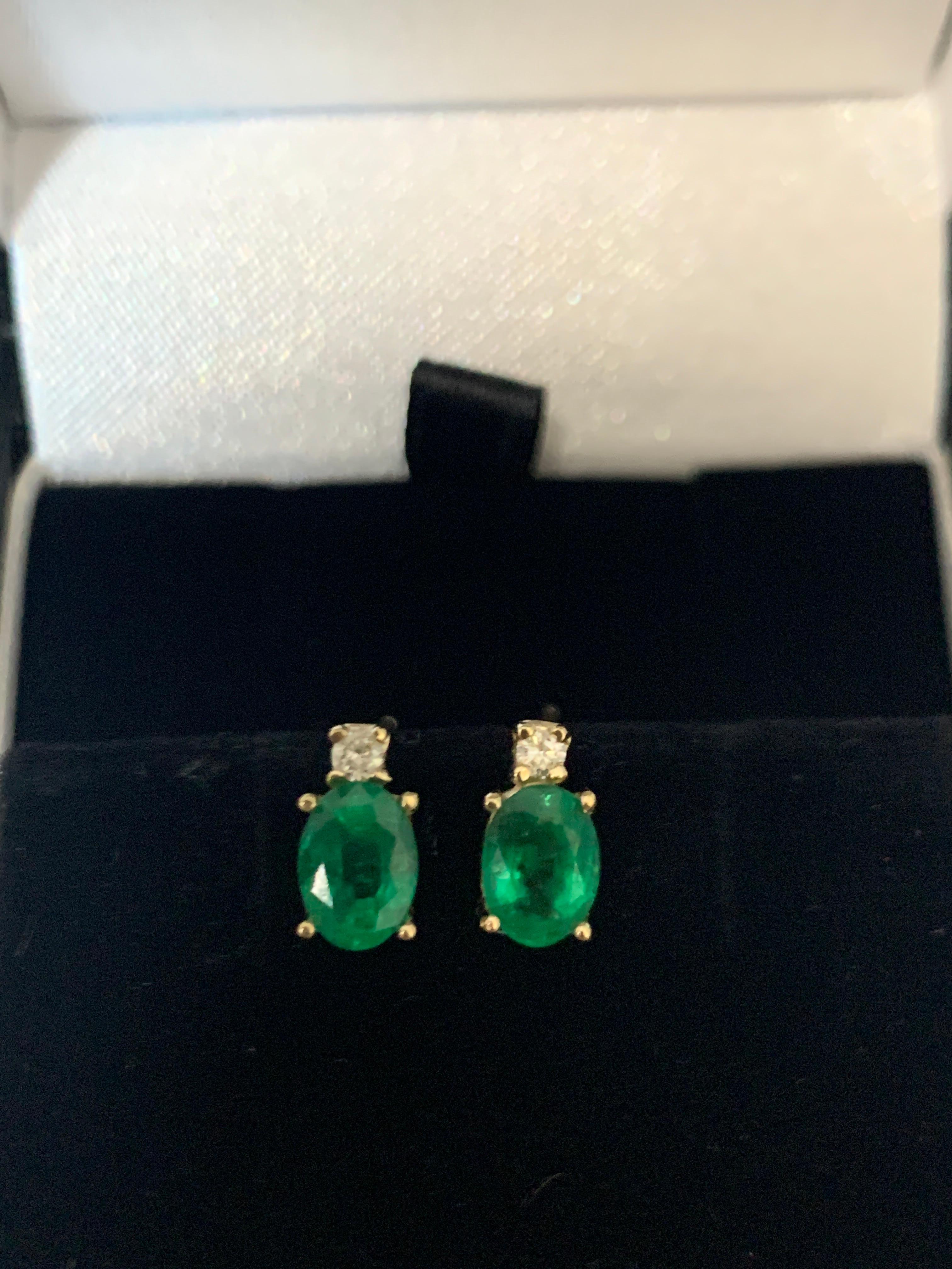 1.70 Carat Oval Natural Emerald and Diamond Stud Post Earrings 14 Karat Gold 1