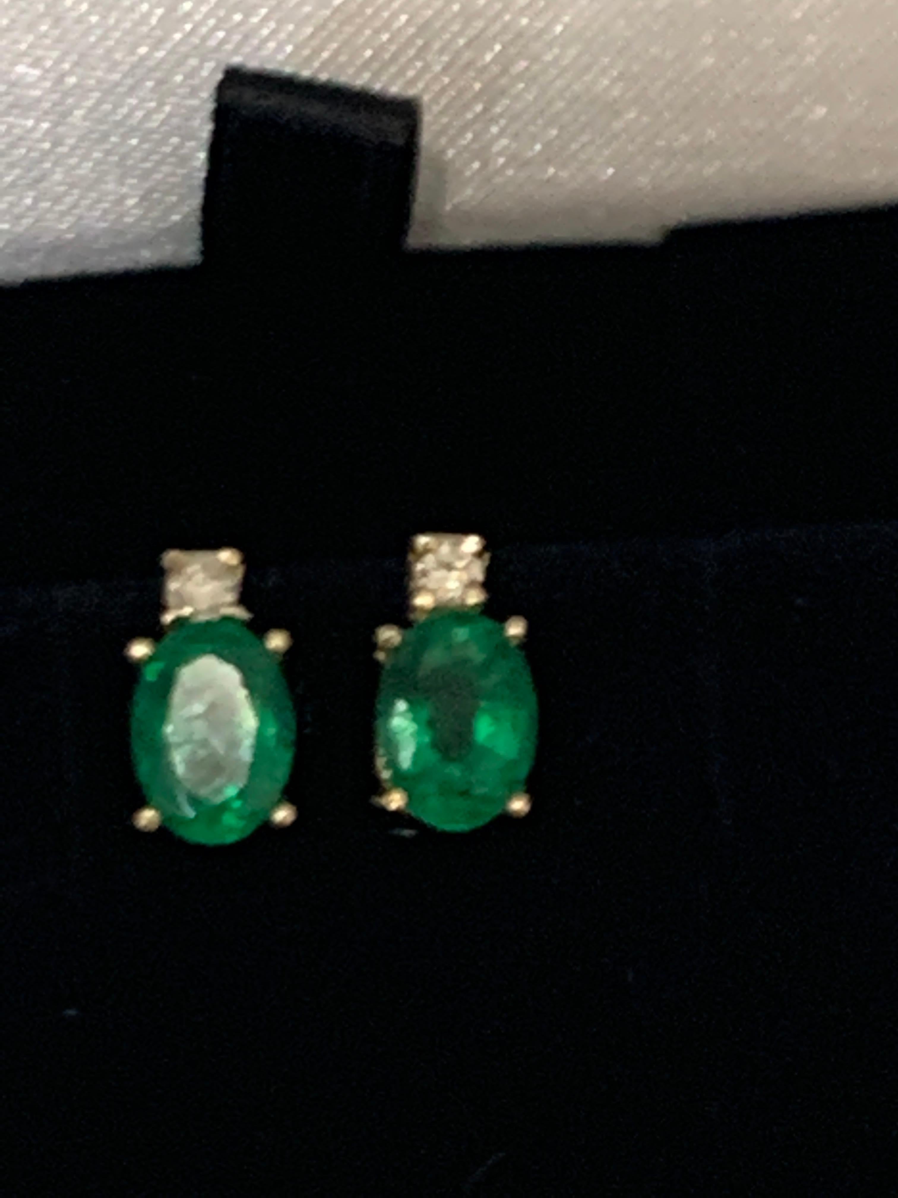1.70 Carat Oval Natural Emerald and Diamond Stud Post Earrings 14 Karat Gold 2