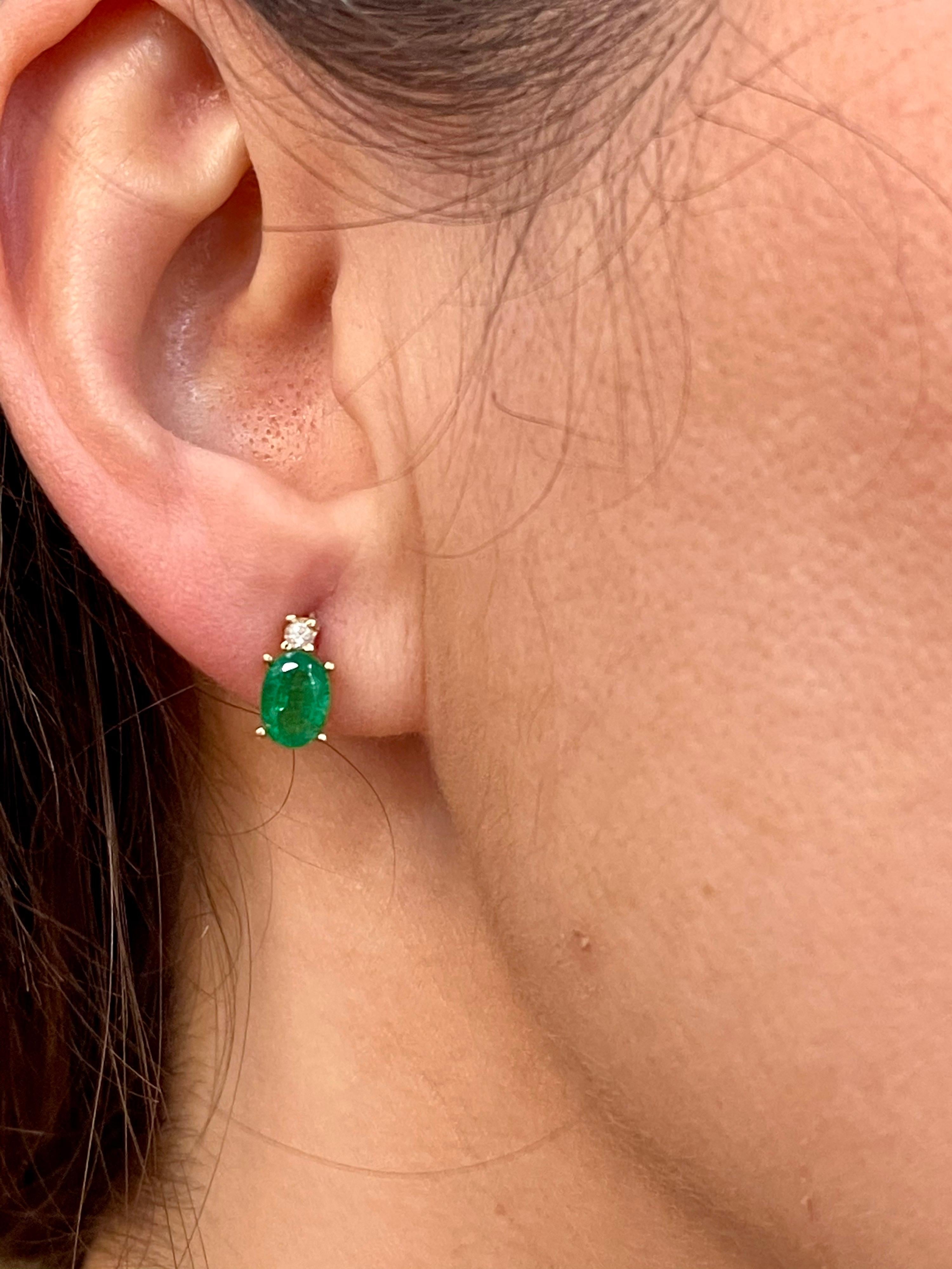 1.70 Carat Oval Natural Emerald and Diamond Stud Post Earrings 14 Karat Gold 3