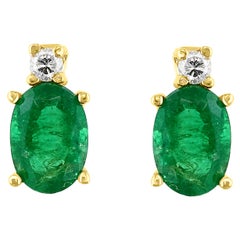 1.70 Carat Oval Natural Emerald and Diamond Stud Post Earrings 14 Karat Gold
