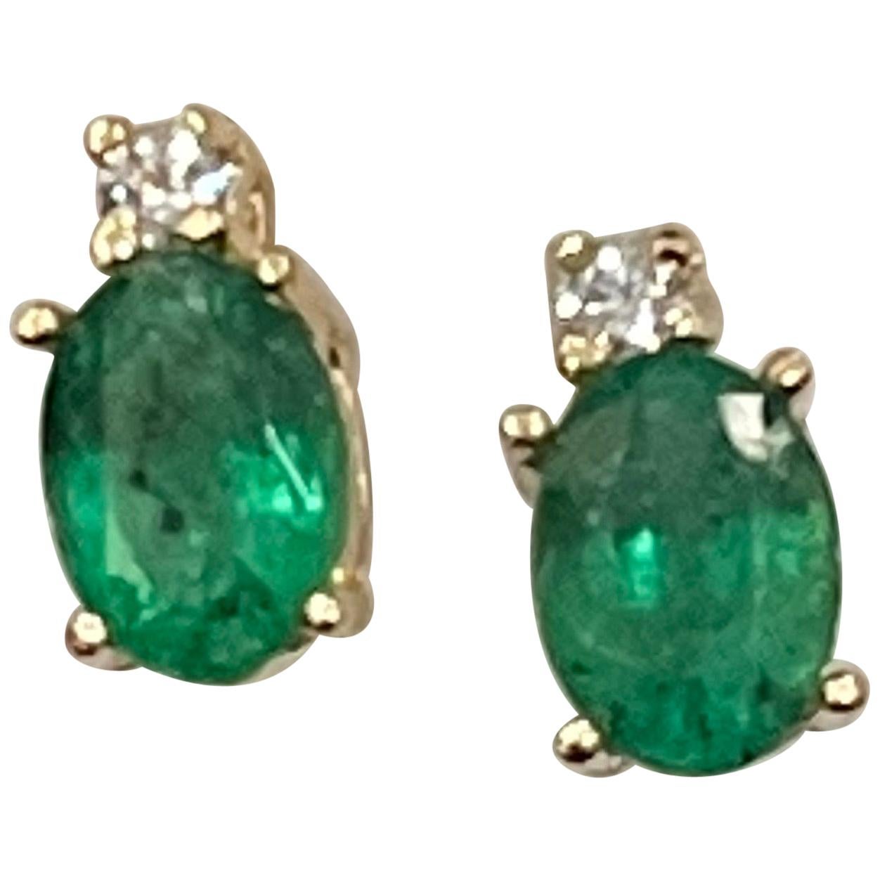 1.70 Carat Oval Natural Emerald and Diamond Stud Post Earrings 14 Karat Gold