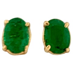 1.70 Carat Oval Natural Emerald Stud Post Earrings 14 Karat Yellow Gold