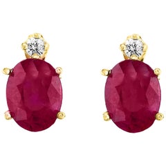 1.70 Carat Oval Natural Ruby and Diamond Stud Post Earrings 14 Karat Yellow Gold