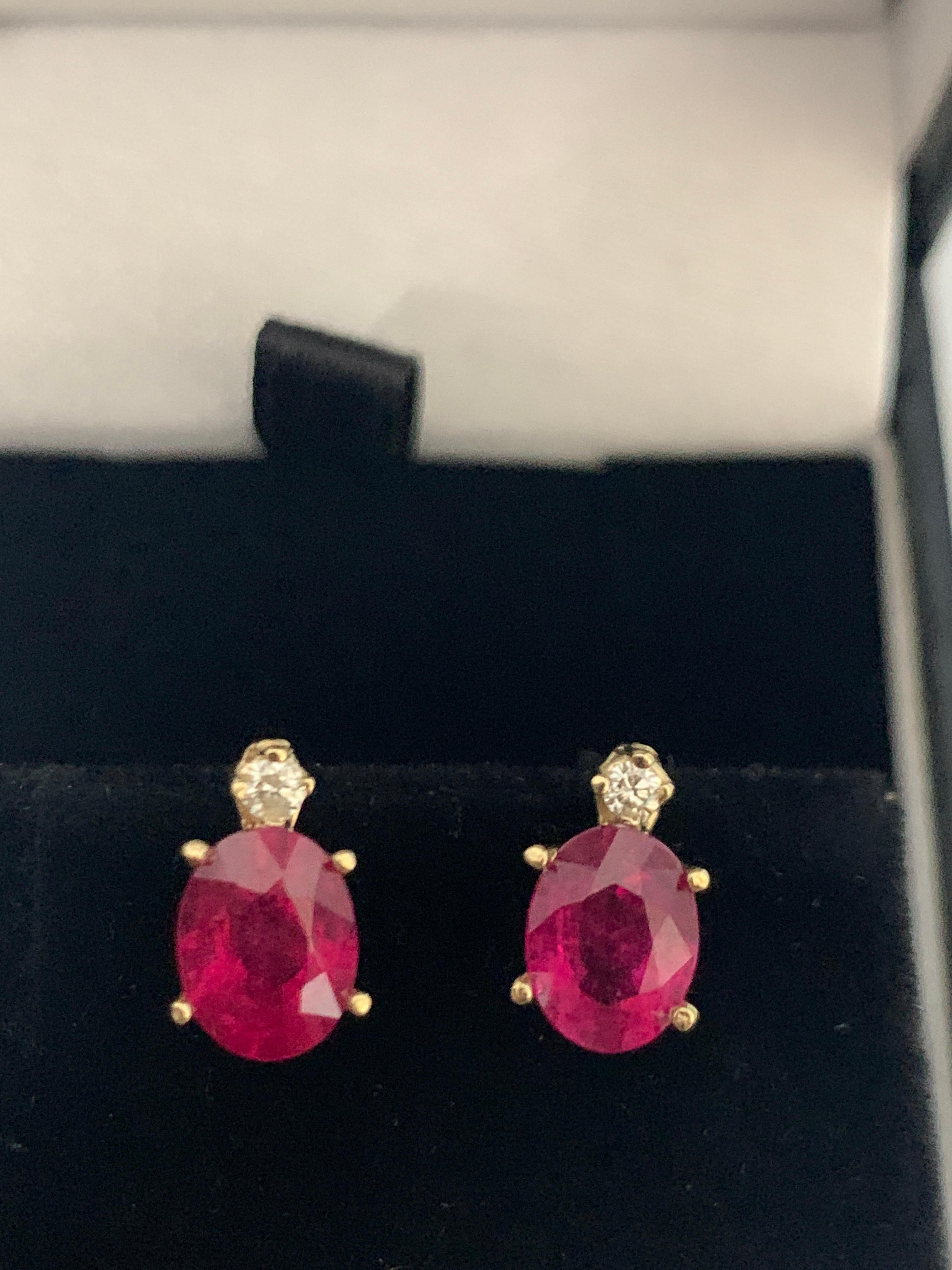 1.70 Carat Oval Natural Ruby and Diamond Stud Post Earrings 14 Karat Yellow Gold 2